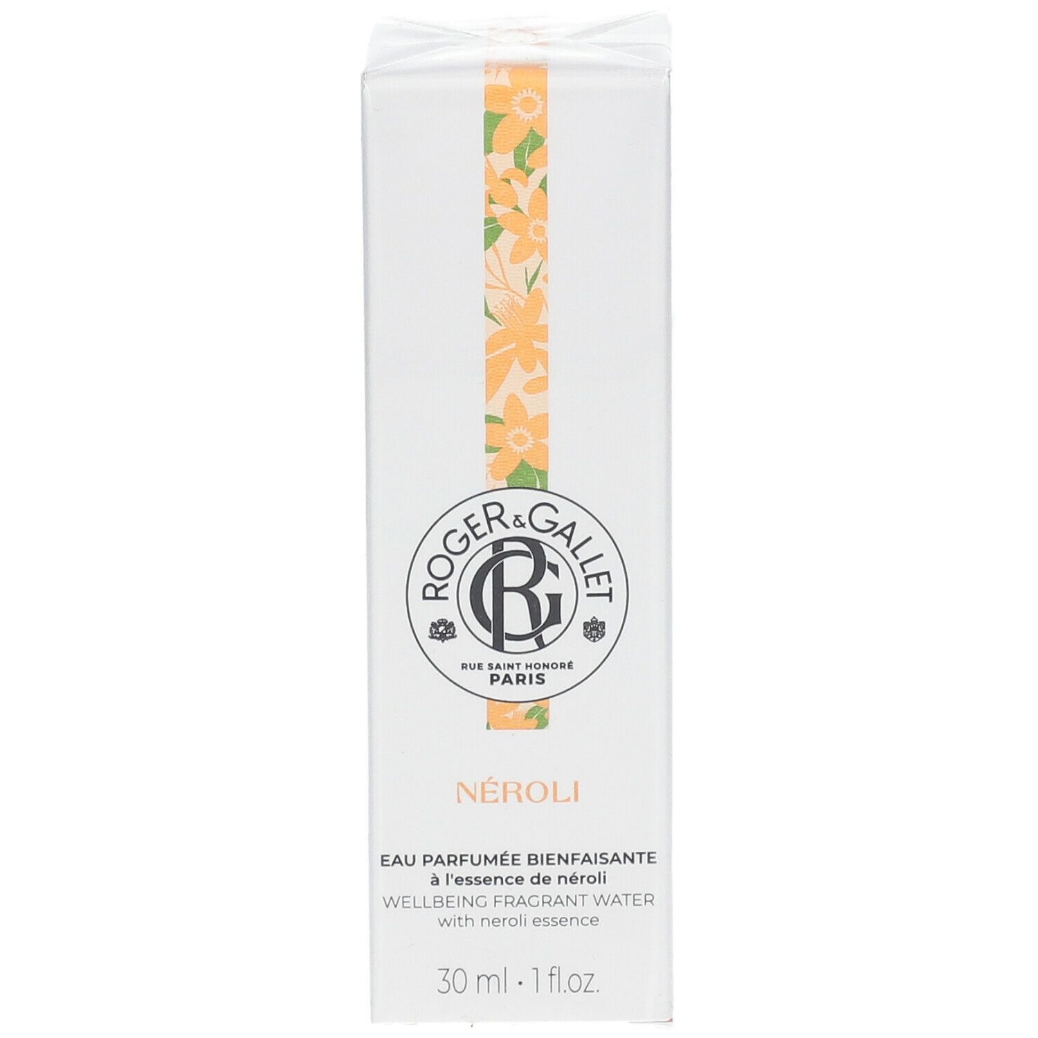 Witte doos Roger & Gallet NÉROLI. Tekst: Eau Parfumée Bienfaisante à l'essence de néroli. 30 ml.