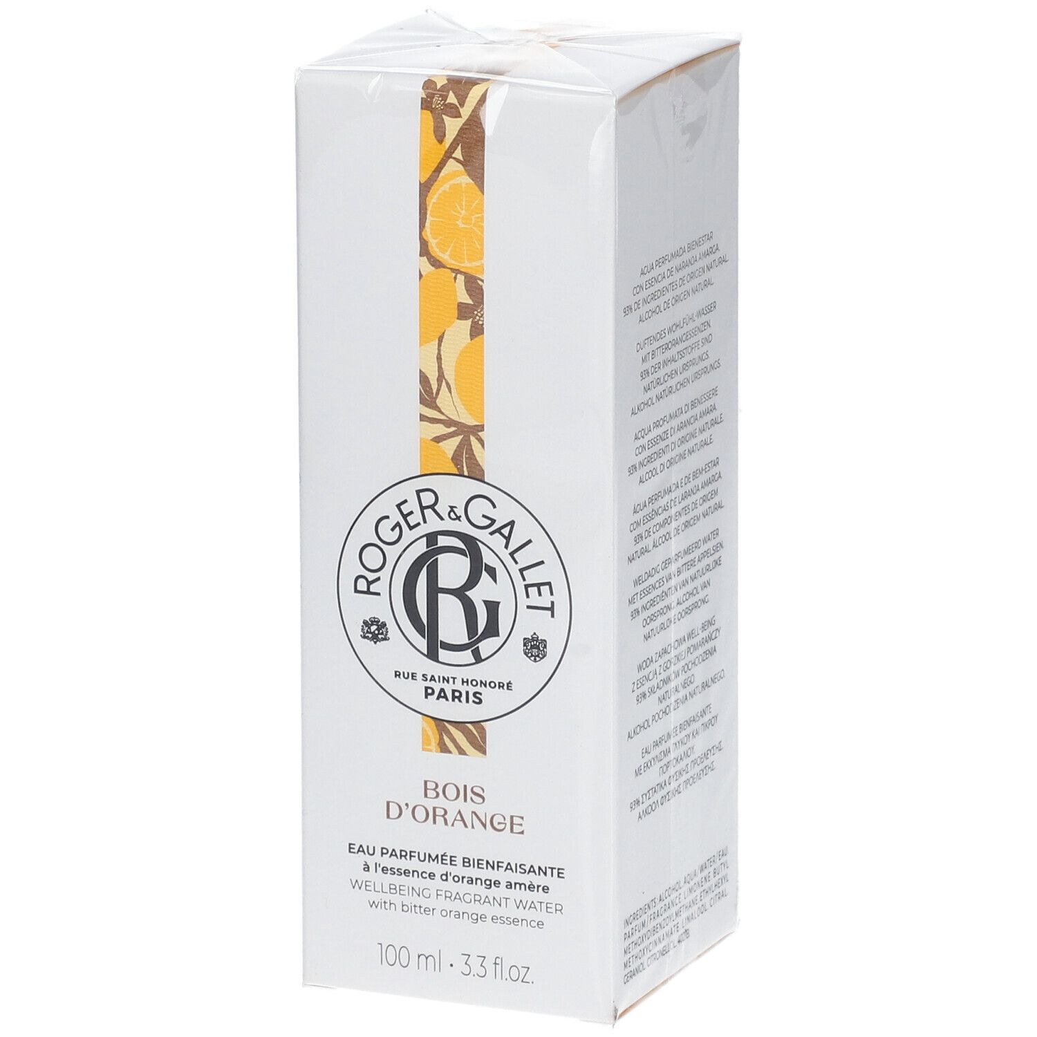 Boîte blanche Roger & Gallet. Texte: Bois d'Orange, Eau Parfumée Bienfaisante. 100 ml. Motif orange.
