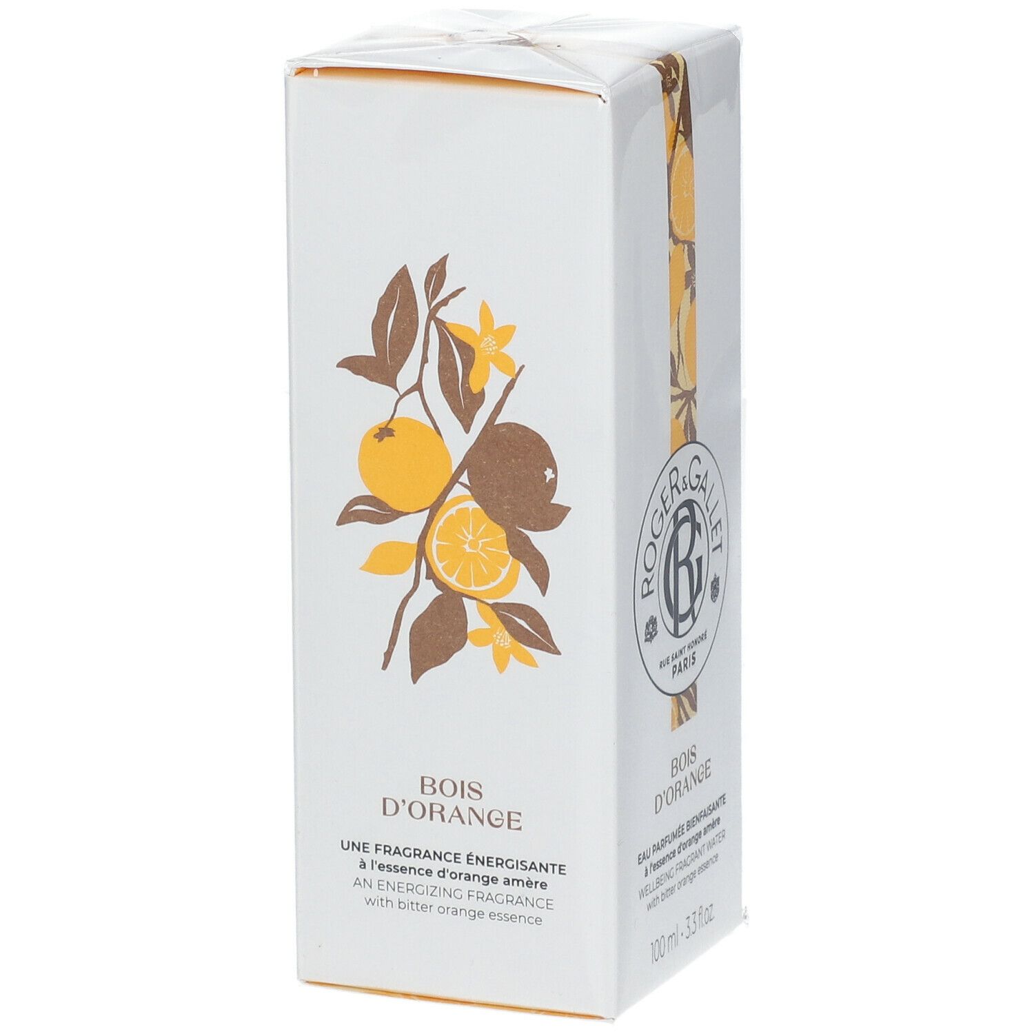 Boîte blanche Roger & Gallet. Texte: Bois d'Orange. Illustration: oranges et fleurs. Vue de face.