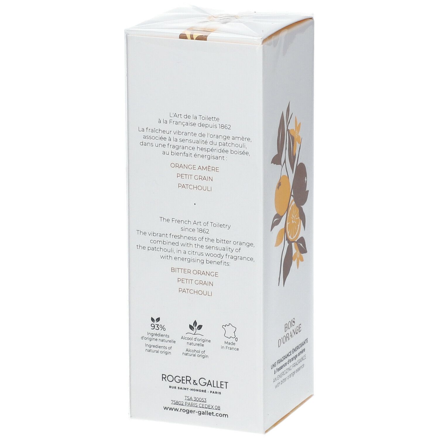 Boîte blanche Roger & Gallet. Texte: Bois d'Orange, Orange Amère, Petit Grain, Patchouli. 93% ingrédients naturels.