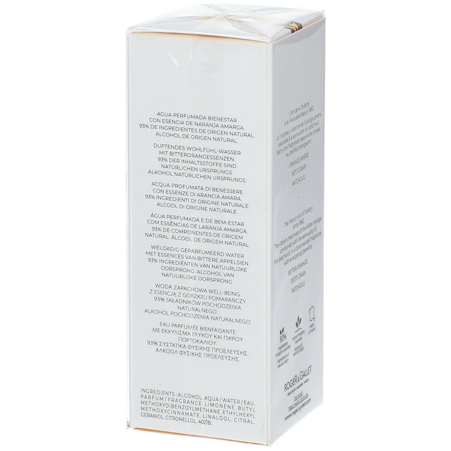 Boîte blanche Roger & Gallet. Texte: Ingrédients, alcool, eau, parfum. Logo Roger & Gallet. Vue arrière.
