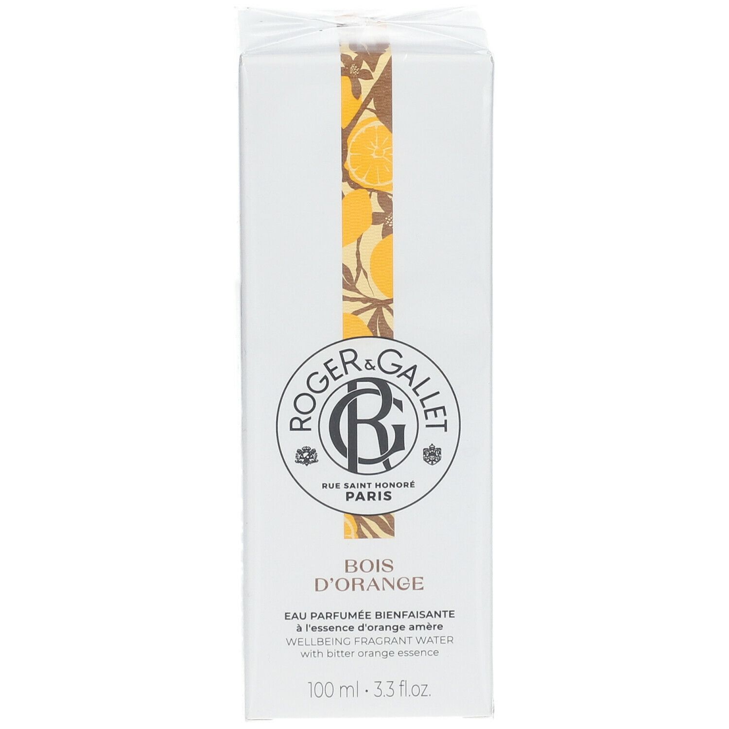 Boîte blanche Roger & Gallet. Texte: Bois d'Orange, Eau Parfumée Bienfaisante. 100 ml. Vue de face.