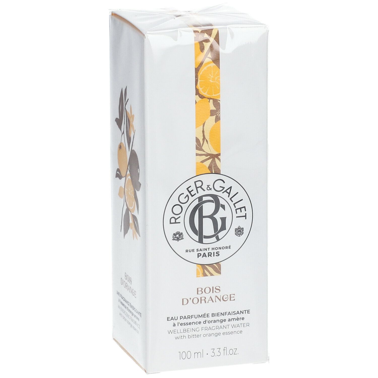 Boîte blanche Roger & Gallet. Texte: Bois d'Orange, Eau Parfumée Bienfaisante. 100 ml. Vue de face.