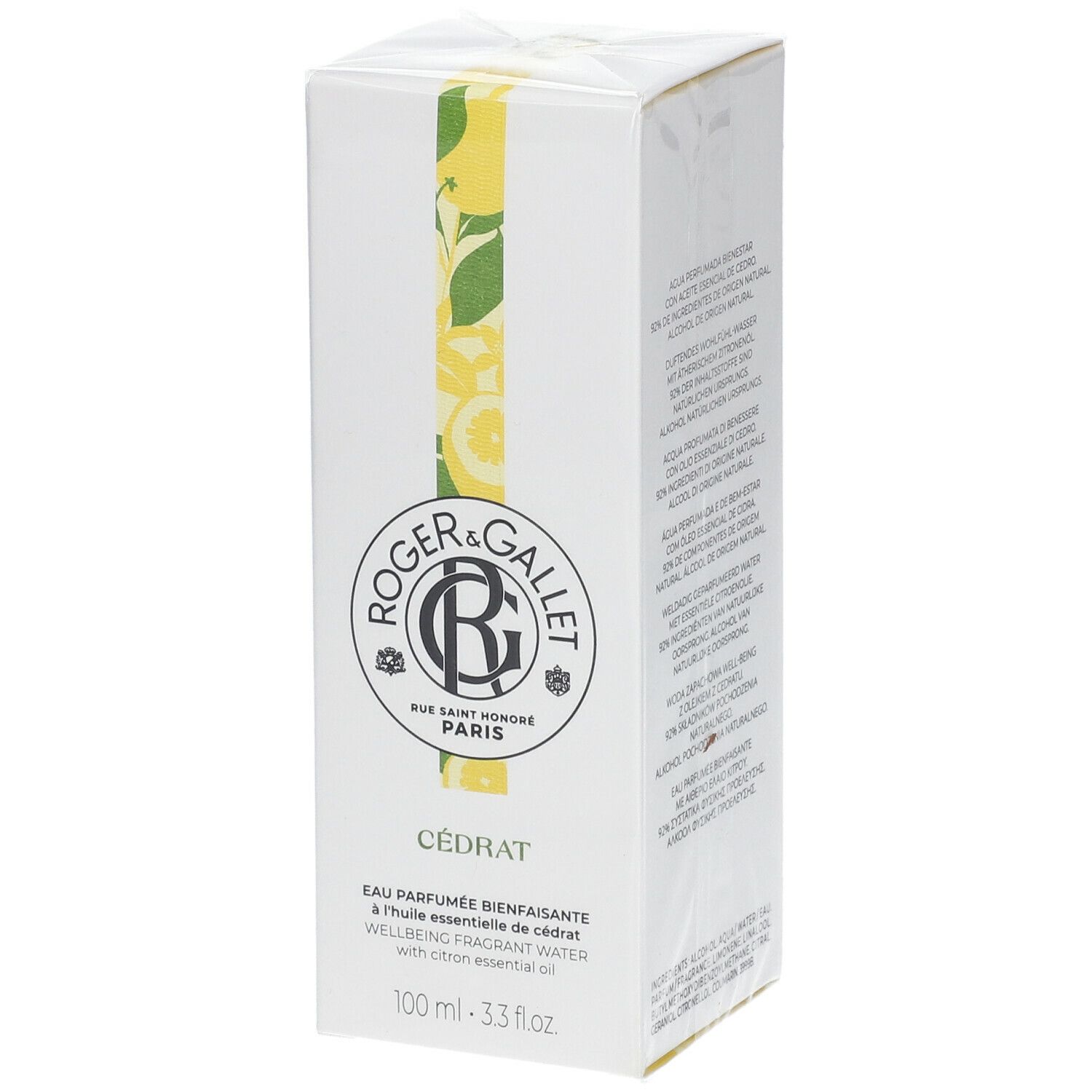 Boîte blanche Roger & Gallet Cédrat. Motif citron jaune. Texte: Eau Parfumée Bienfaisante à l'huile essentielle de cédrat.