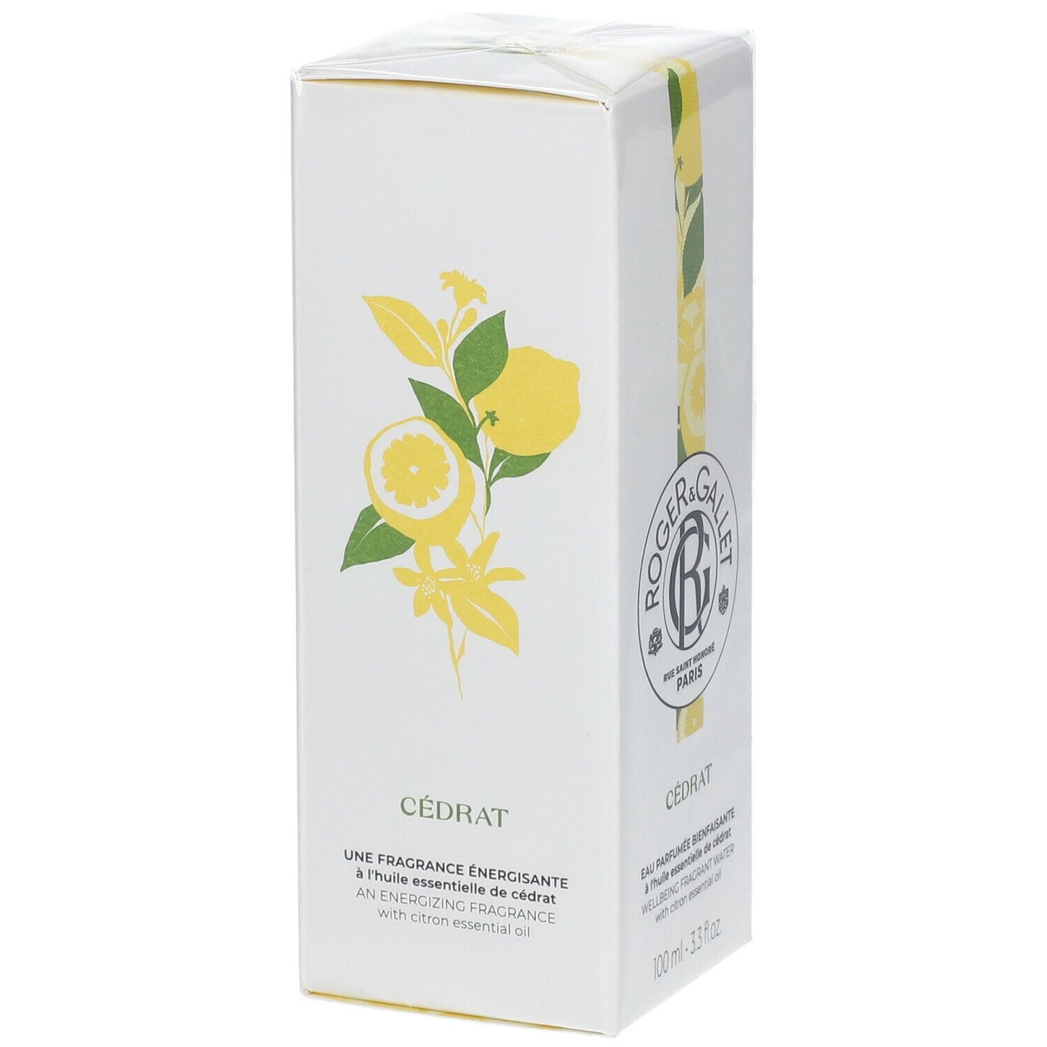 Boîte blanche Roger & Gallet Cédrat. Illustration citron et fleurs. Texte: Une Fragrance Énergisante avec huile essentielle de citron.