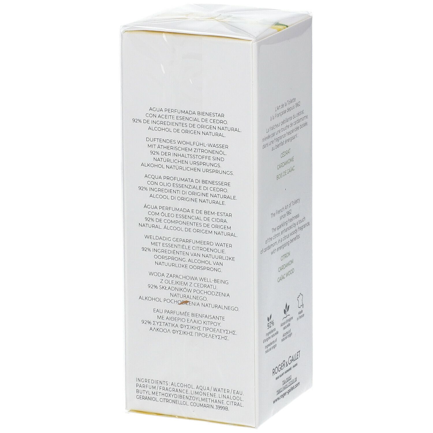 Côté boîte blanche. Texte multilingue: eau, parfum, ingrédients. Logos ingrédients et origine. Logo Roger & Gallet.