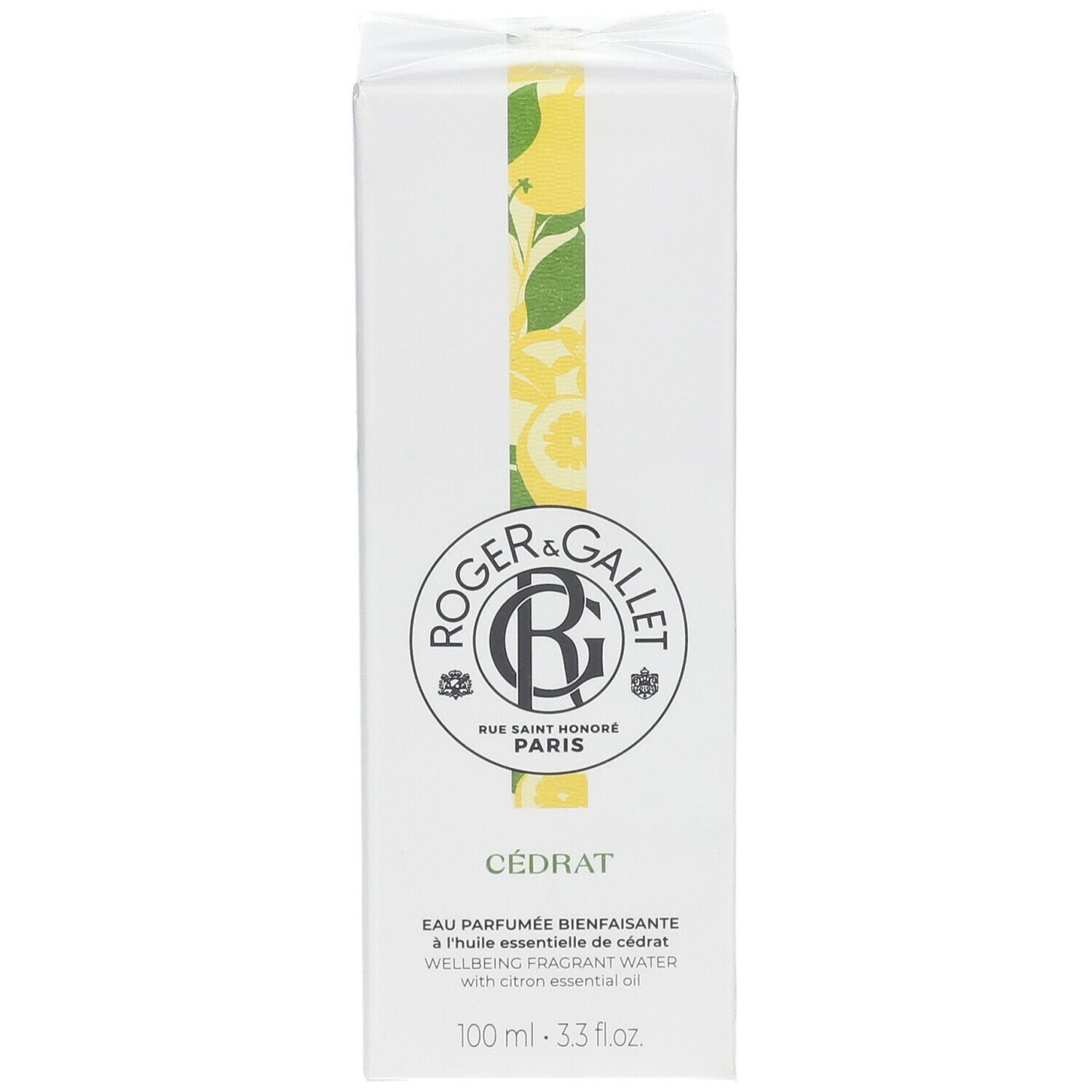 Boîte blanche Roger & Gallet Cédrat. Texte: Eau Parfumée Bienfaisante à l'huile essentielle de cédrat. 100 ml.