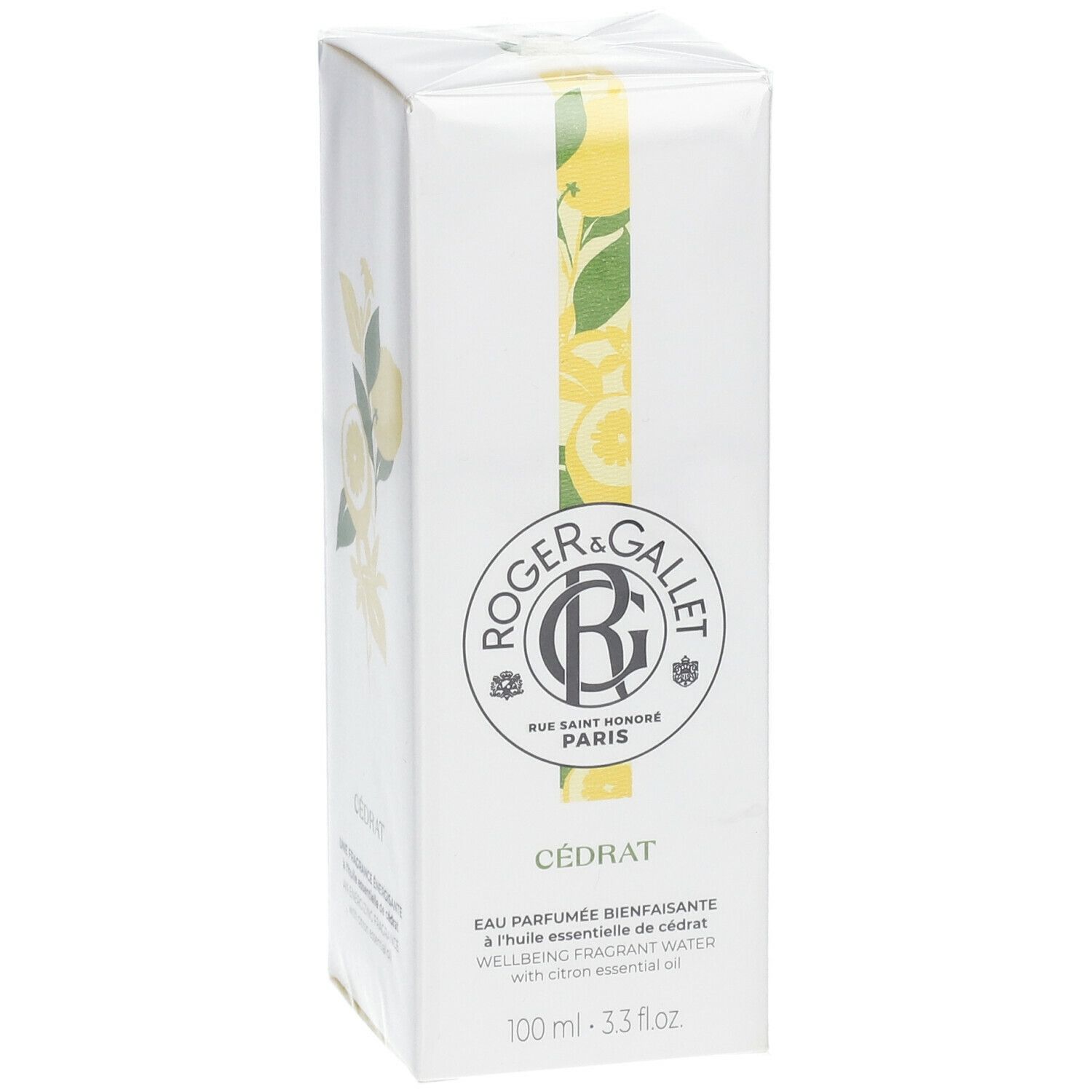 Boîte blanche Roger & Gallet Cédrat. Motif citron jaune. Texte: Eau Parfumée Bienfaisante à l'huile essentielle de cédrat.