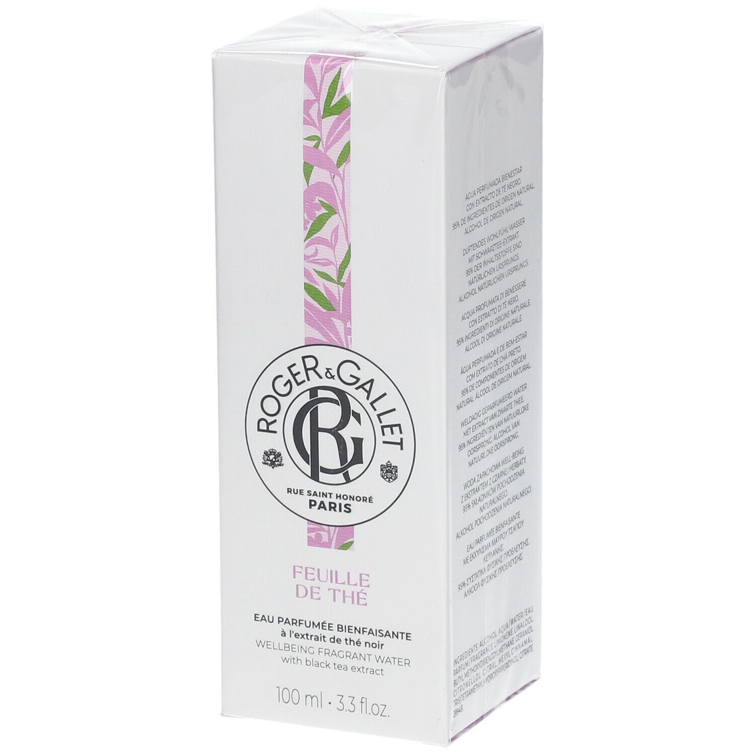 Witte verpakking met logo en productnaam. Roze en groene bladerillustratie. Tekst: Eau Parfumée Bienfaisante.