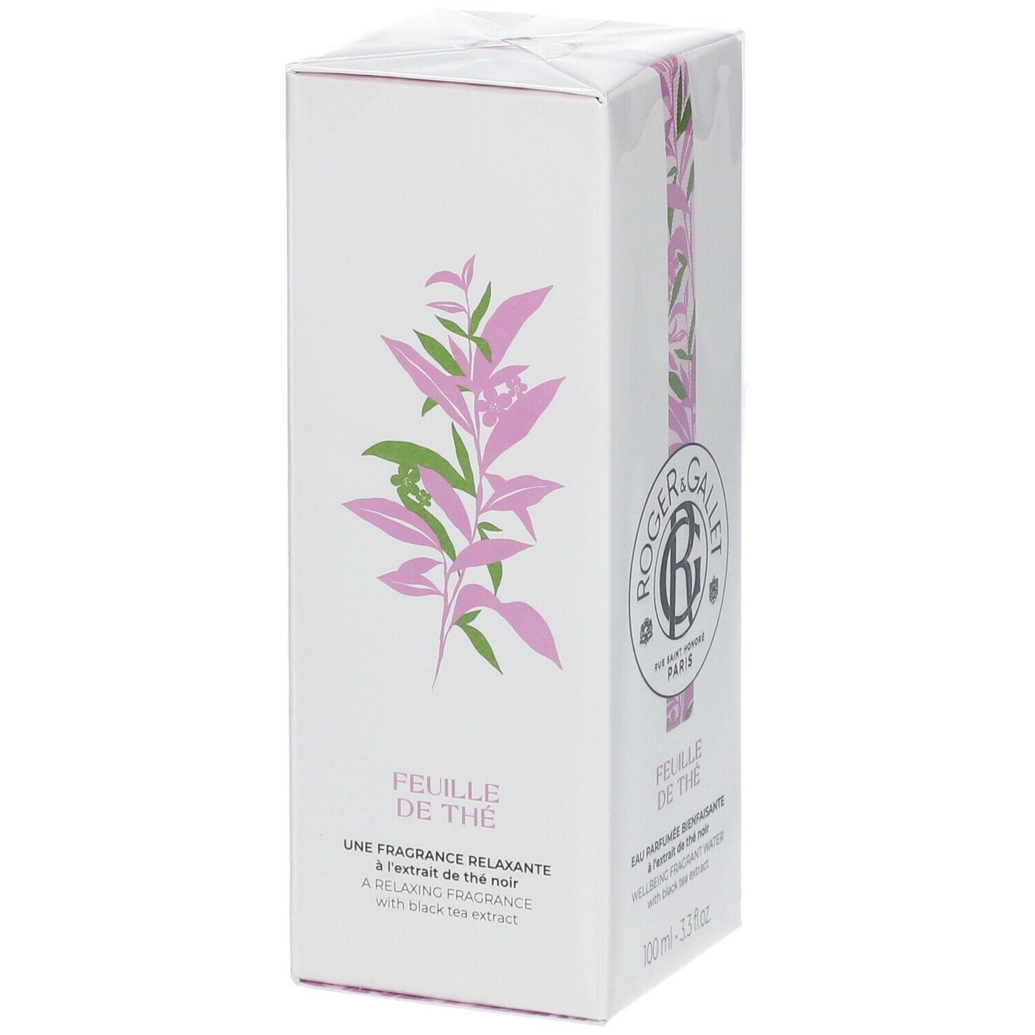 Witte verpakking met logo en productnaam. Illustratie van roze en groene bladeren. Tekst: Une Fragrance Relaxante.