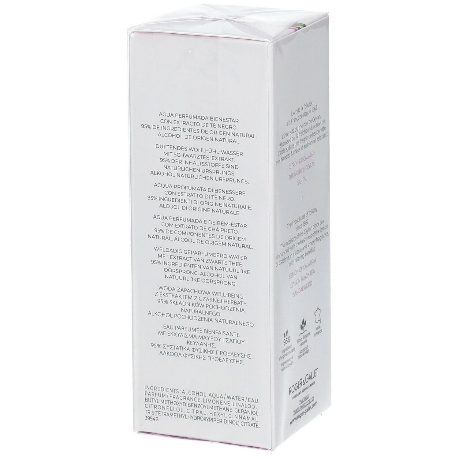 Witte verpakking met tekst en logo. Tekst: Agua Perfumada Bienestar. 95% ingrediënten van natuurlijke oorsprong. Alcohol van natuurlijke oorsprong.