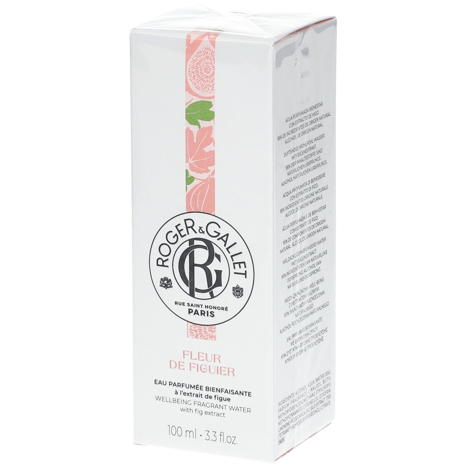 Boîte blanche avec logo et nom du produit. Illustrations roses et vertes de figues et feuilles. Texte: Eau Parfumée Bienfaisante à l'extrait de figue.