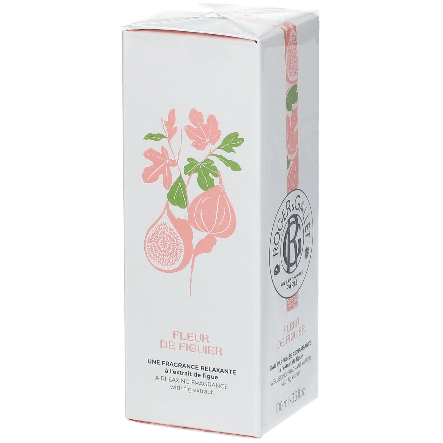 Boîte blanche avec logo et nom du produit. Illustration rose de figues et feuilles. Texte: Une fragrance relaxante à l'extrait de figue.