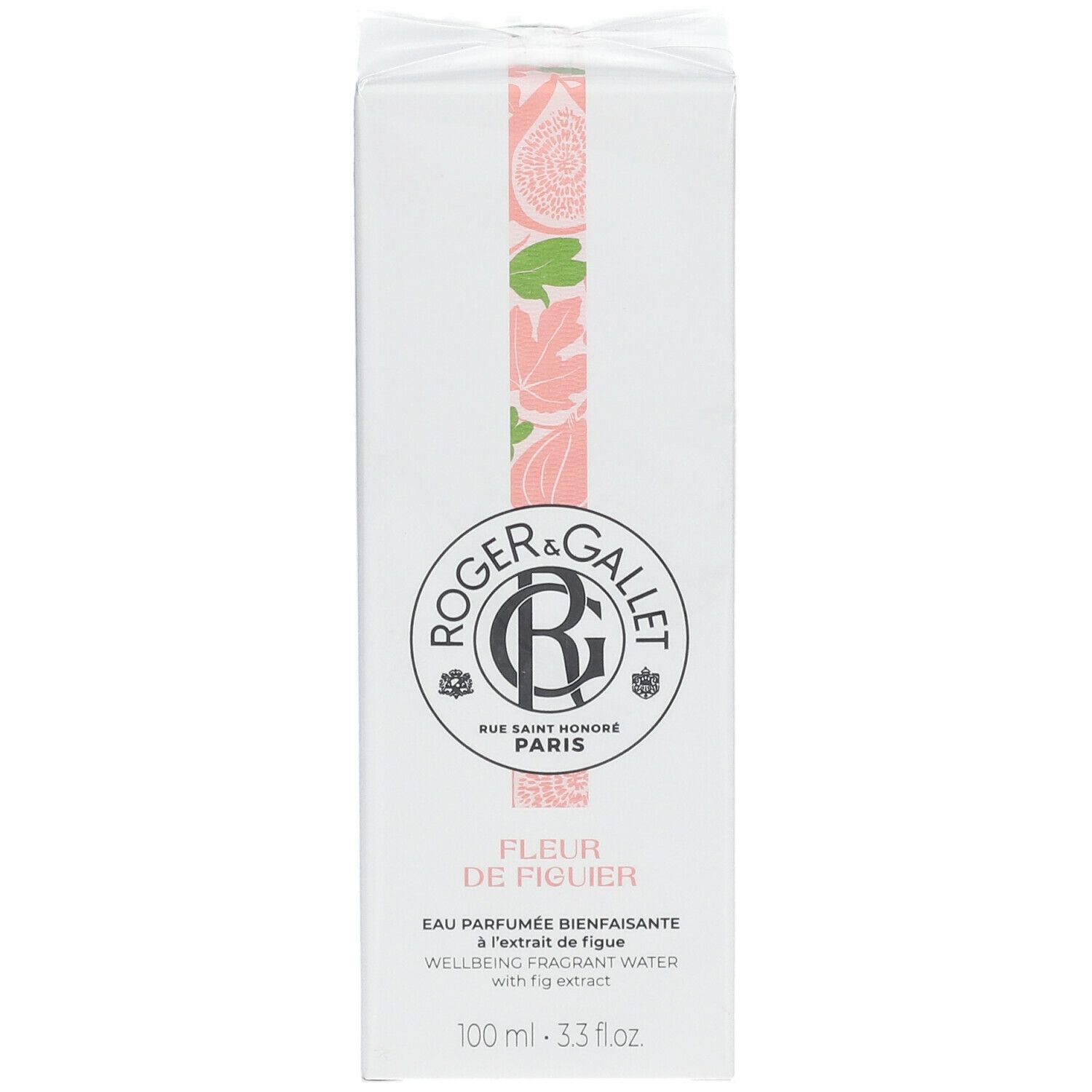 Boîte blanche avec logo et nom du produit. Illustrations roses et vertes de figues et feuilles. Texte: Eau Parfumée Bienfaisante à l'extrait de figue.