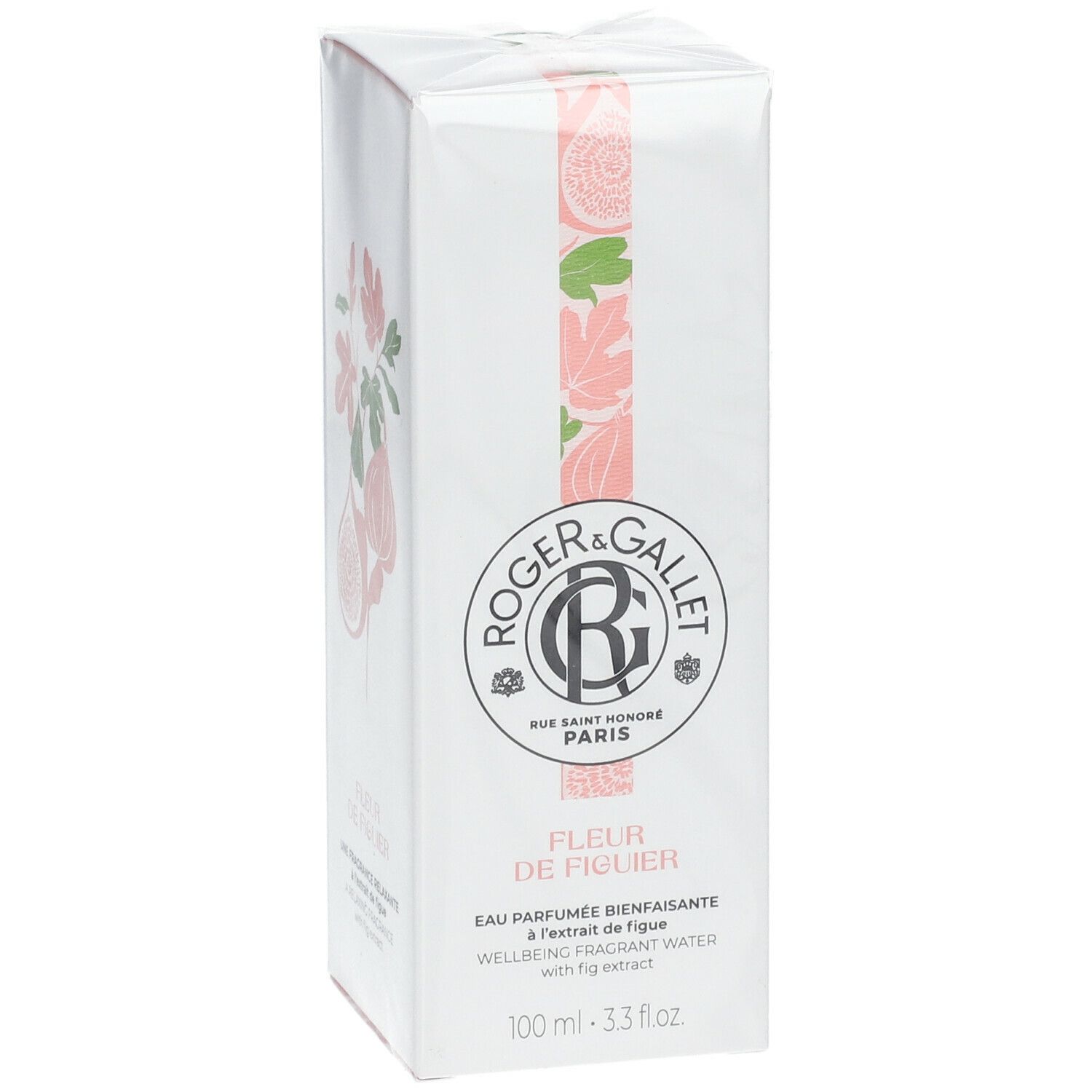 Boîte blanche avec logo et nom du produit. Illustrations roses et vertes de figues et feuilles. Texte: Eau Parfumée Bienfaisante à l'extrait de figue.