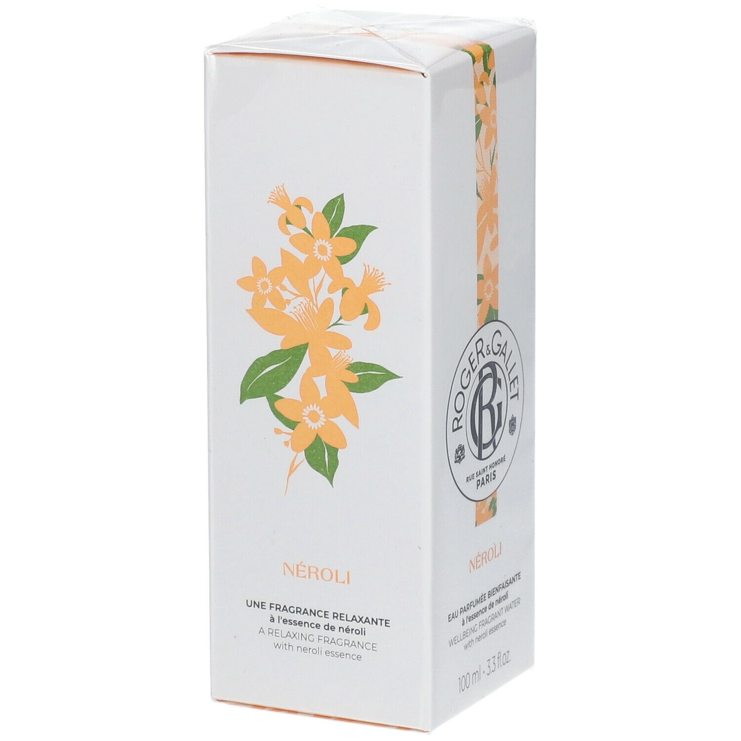 Boîte blanche avec motif floral. Logo Roger & Gallet, texte: Néroli, Une Fragrance Relaxante, 100 ml.