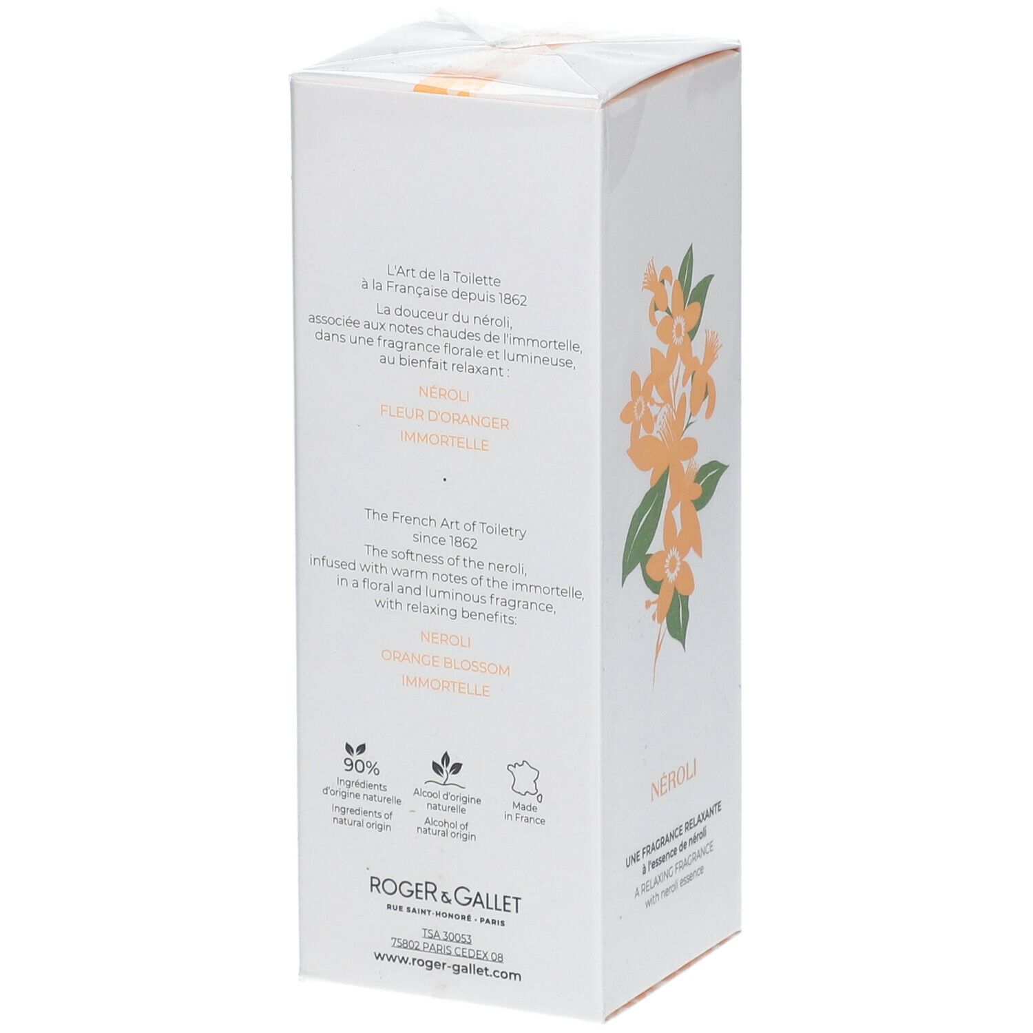 Boîte blanche, dos avec texte. Texte: Néroli, Fleur D'Oranger, 90% ingrédients d'origine naturelle.