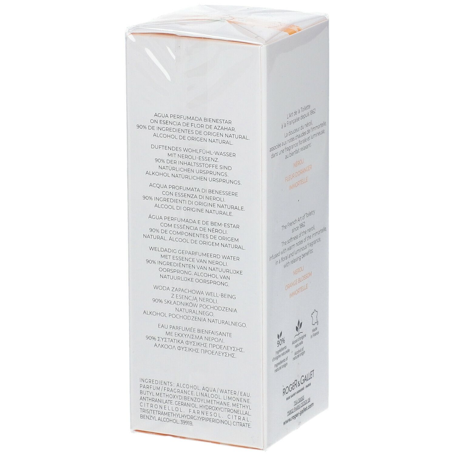 Boîte blanche, côté avec texte. Texte: Agua Perfumada Bienestar, 90% ingrédients d'origine naturelle.