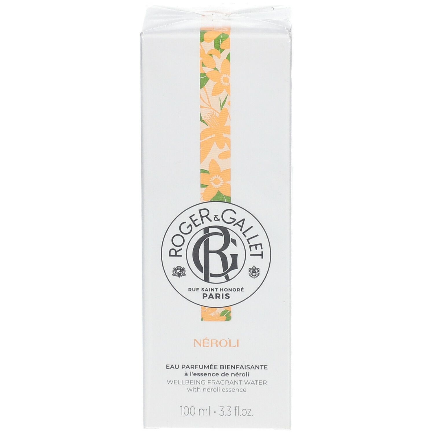 Boîte blanche avec motif floral. Logo Roger & Gallet, texte: Néroli, Eau Parfumée Bienfaisante, 100 ml.