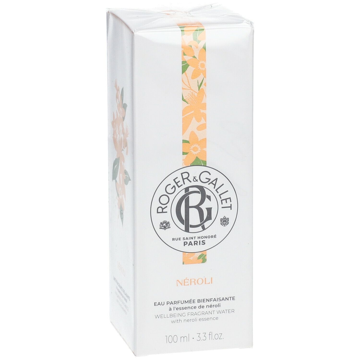 Boîte blanche avec motif floral. Logo Roger & Gallet, texte: Néroli, Eau Parfumée Bienfaisante, 100 ml.