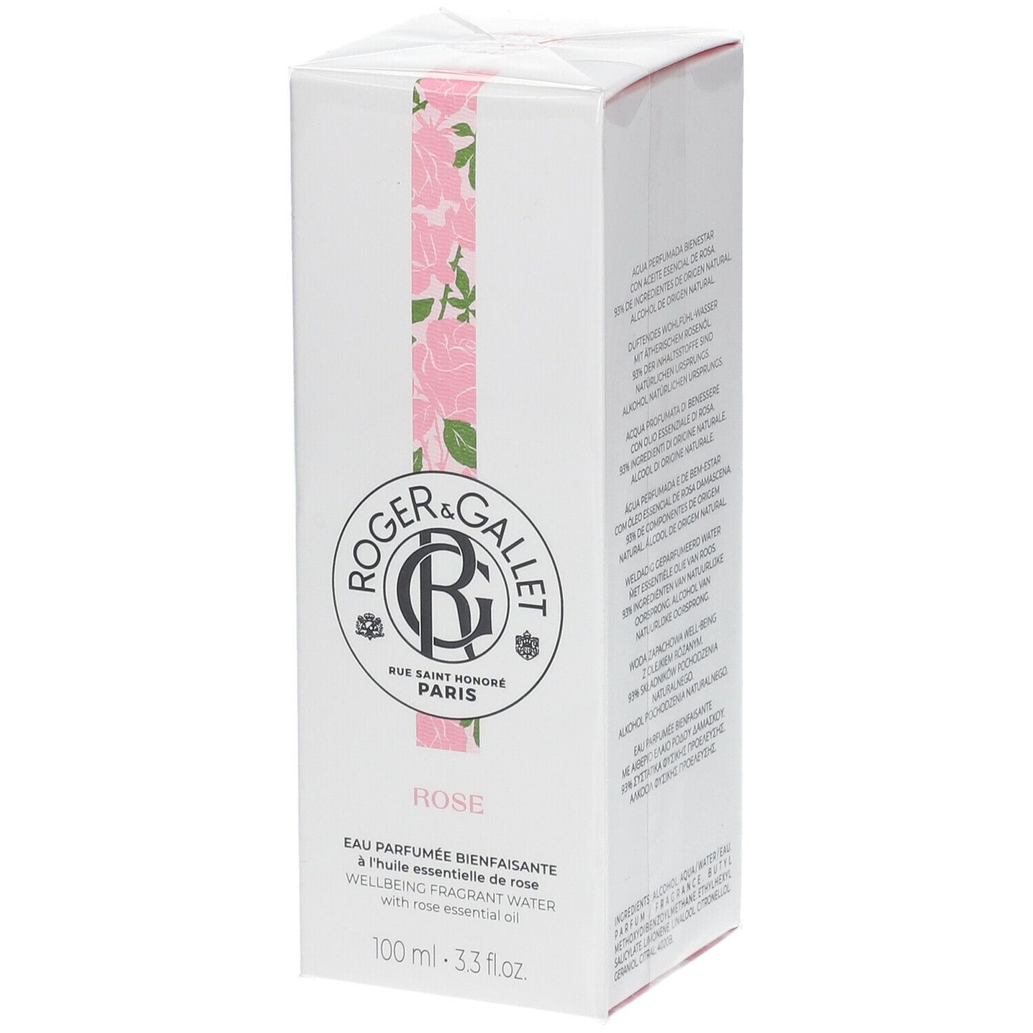 Weißer Karton mit rosa Rosenmuster und Logo. Text: Roger & Gallet, Rose, Eau Parfumée Bienfaisante.