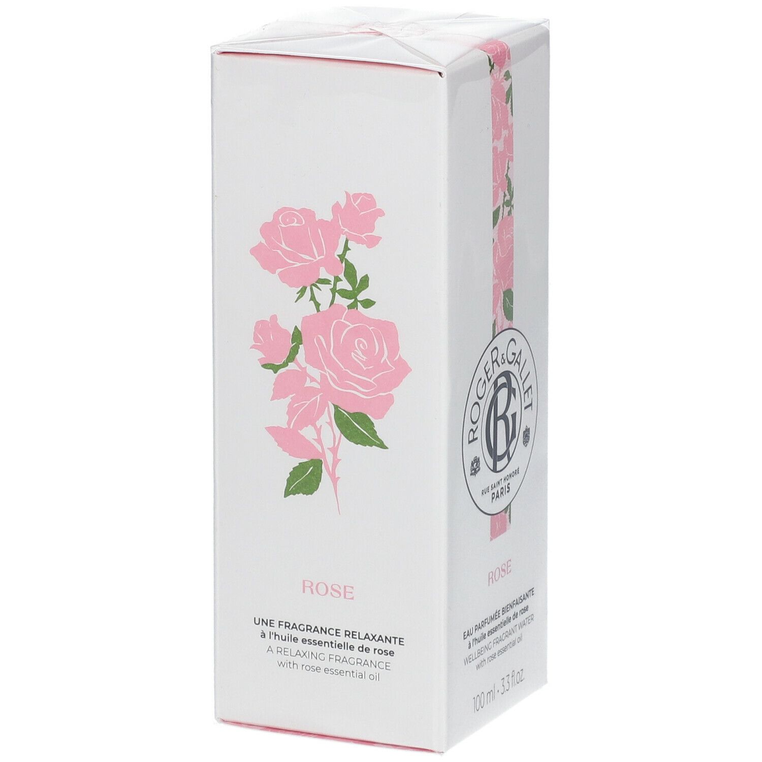 Weißer Karton mit rosa Rosenmuster und Logo. Text: Rose, Une Fragrance Relaxante.