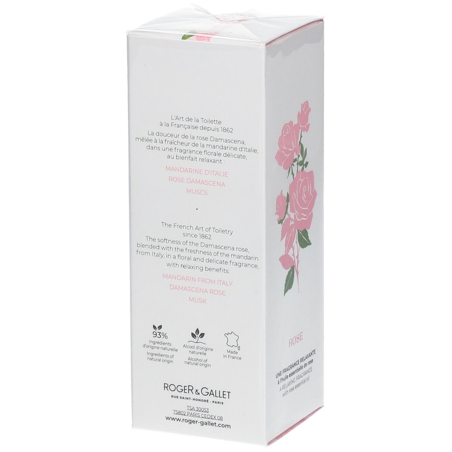 Weißer Karton mit Text und rosa Rosenmuster. Text: 93% Inhaltsstoffe natürlichen Ursprungs, Made in France.