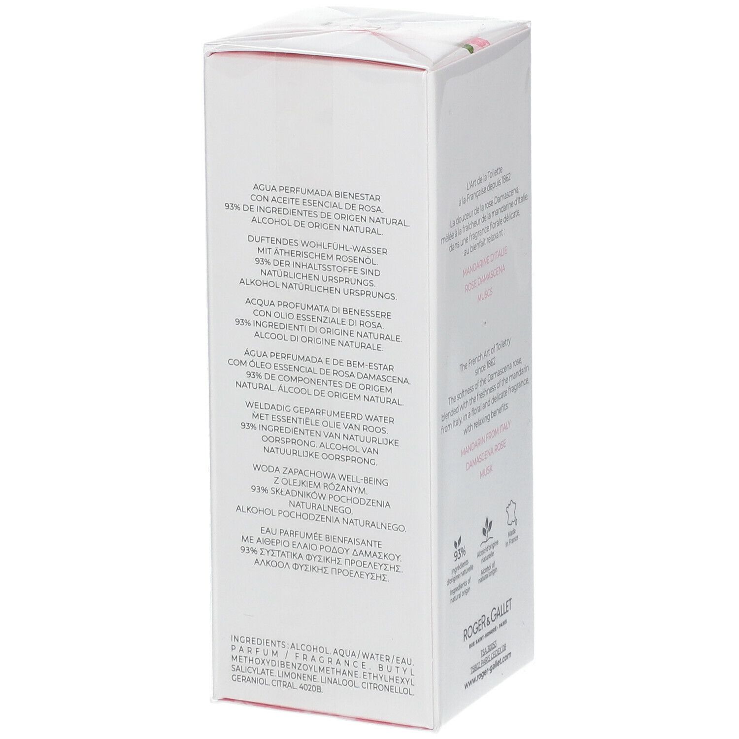 Weißer Karton mit Text. Text: Aqua Parfumata di Benessere, 93% Inhaltsstoffe natürlichen Ursprungs, Alcohol.