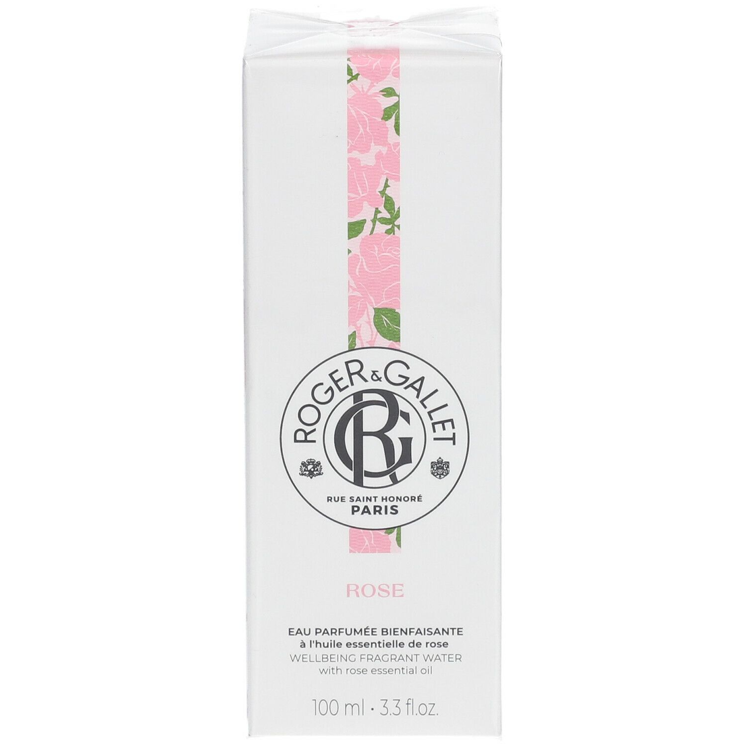 Weißer Karton mit rosa Rosenmuster und Logo. Text: Roger & Gallet, Rose, Eau Parfumée Bienfaisante.