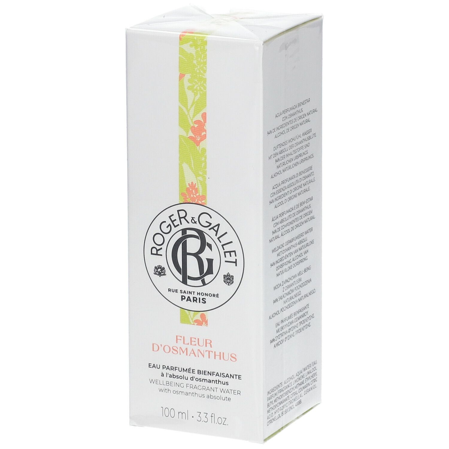 Boîte blanche avec logo et texte. Fleur d'Osmanthus Eau Parfumée. 100 ml.