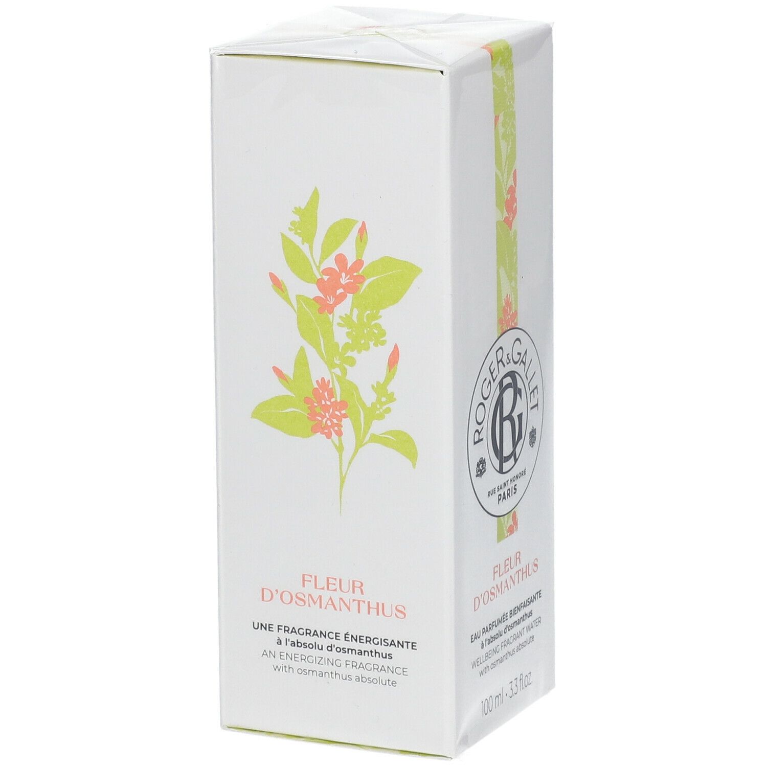 Boîte blanche avec logo et texte. Fleur d'Osmanthus. Illustration de fleurs.