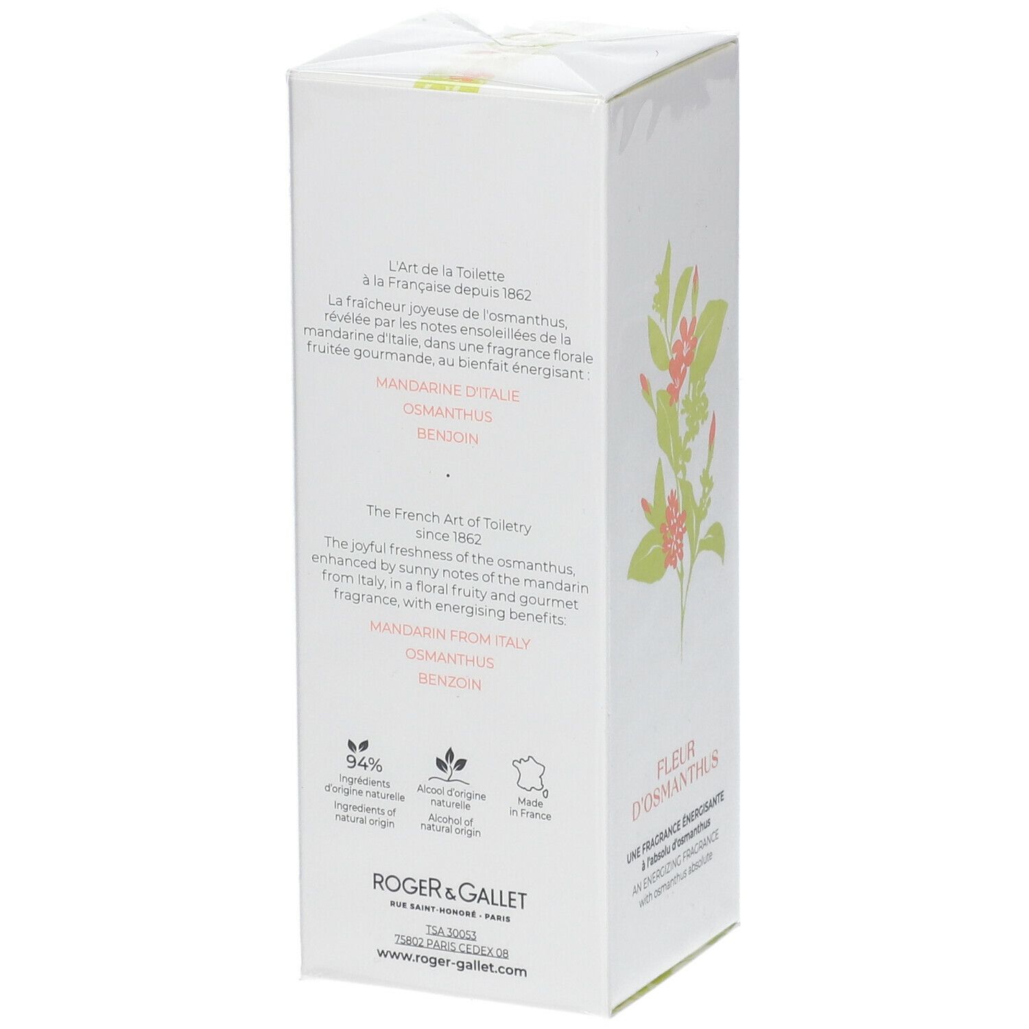 Boîte blanche avec texte. Fleur d'Osmanthus. Description en français et anglais.