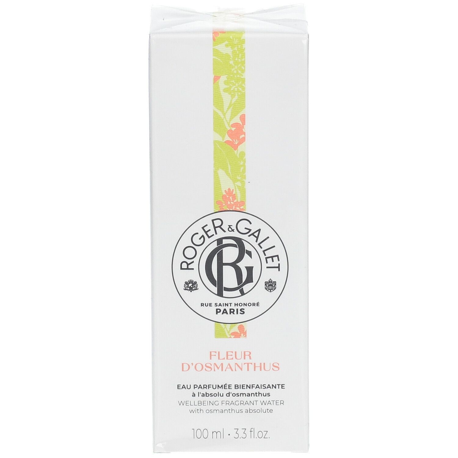 Boîte blanche avec logo et texte. Fleur d'Osmanthus Eau Parfumée. 100 ml.