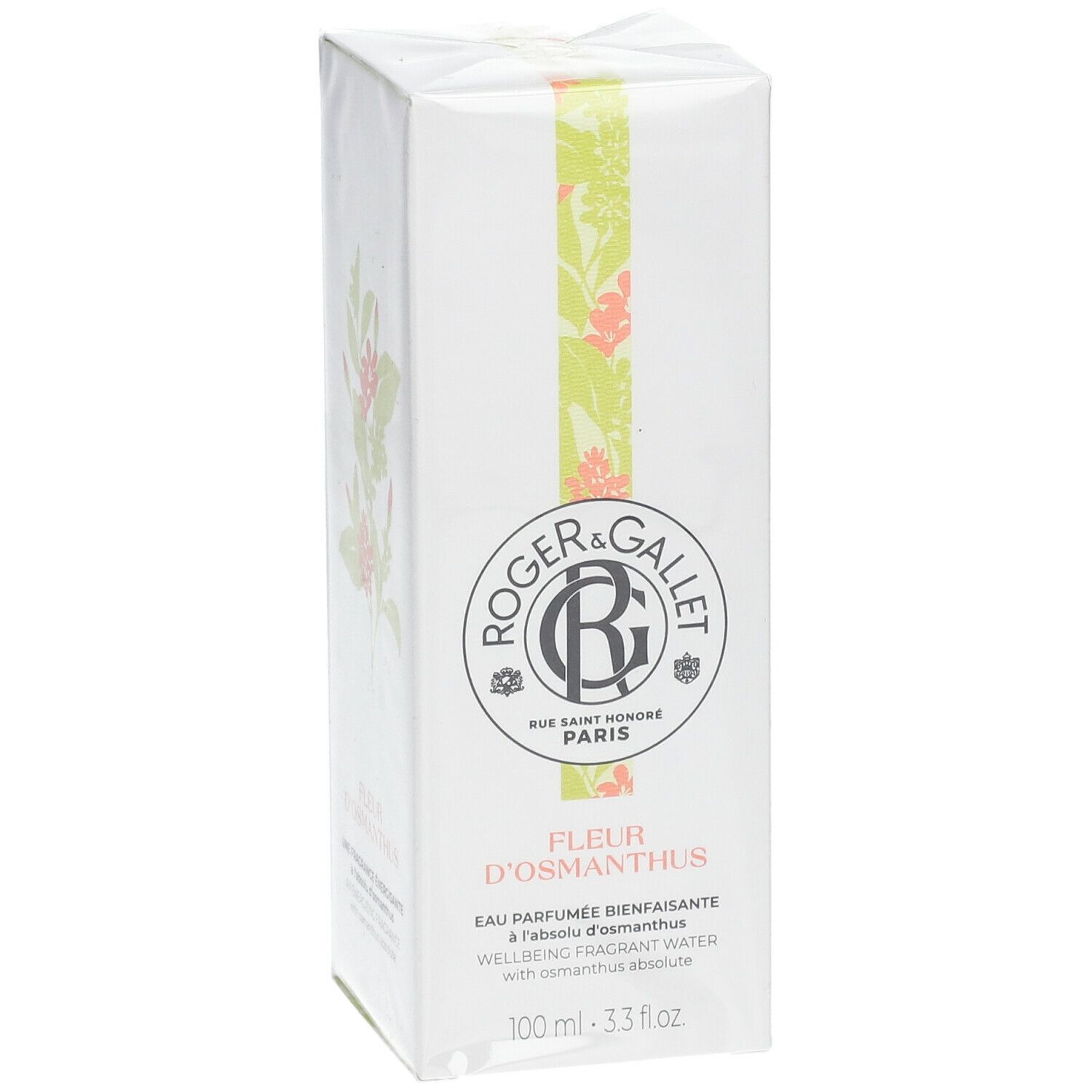 Boîte blanche avec logo et texte. Fleur d'Osmanthus Eau Parfumée. 100 ml.