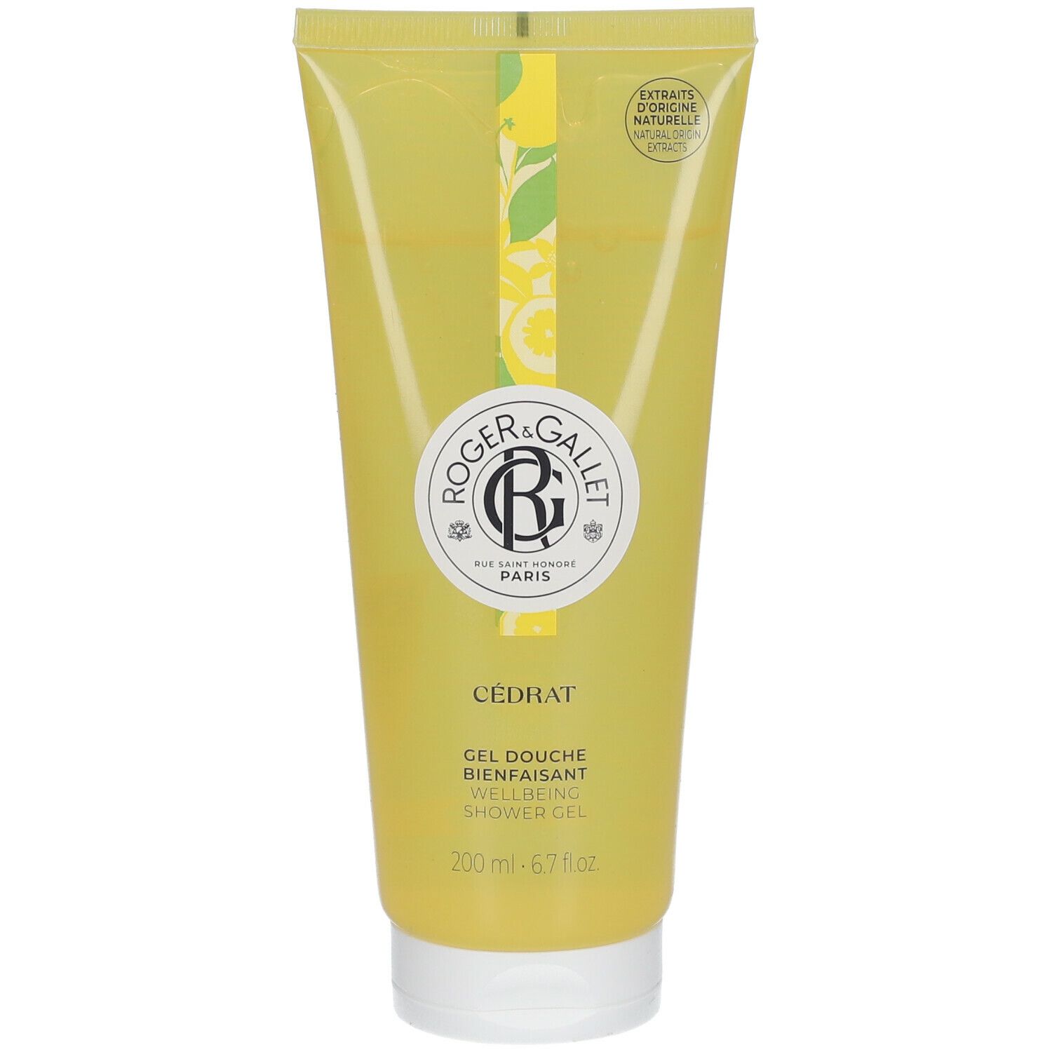 Gele tube. Logo Roger & Gallet. Tekst: Cédrat, Gel Douche Bienfaisant, Wellbeing Shower Gel. 200 ml.