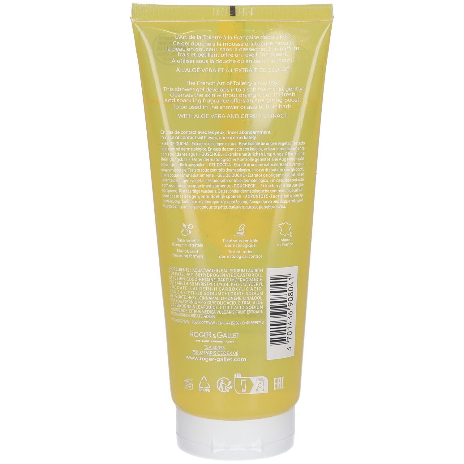 Achterkant van de gele tube. Tekst en logo's. Roger & Gallet logo. Streepjescode.