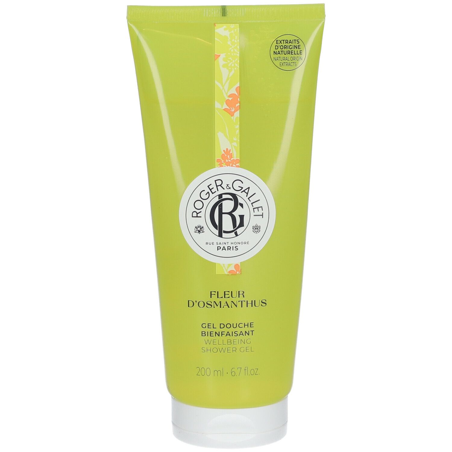Tube vert avec informations produit. Logo Roger & Gallet. Inscription: Fleur d'Osmanthus, Gel Douche Bienfaisant.