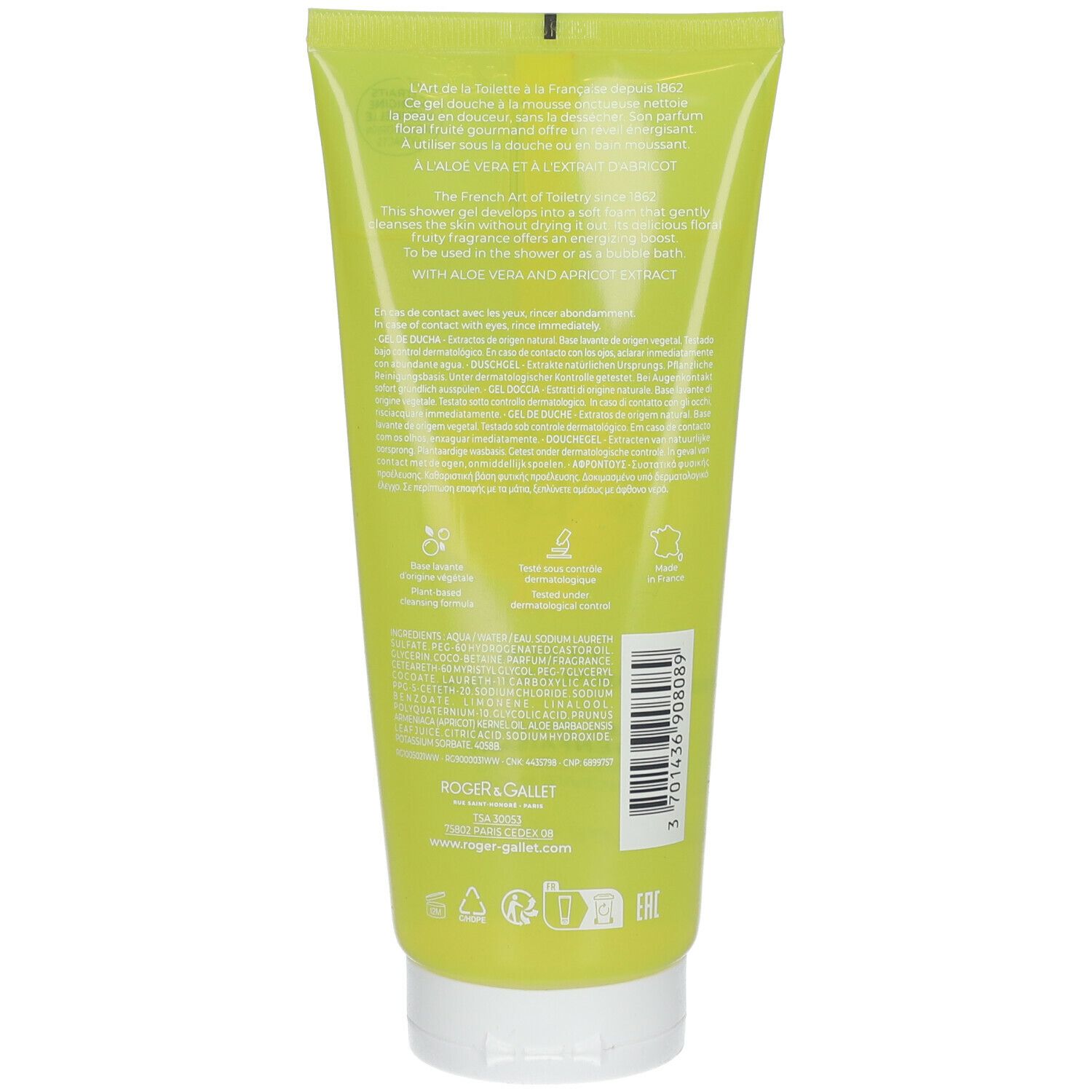 Dos d'un tube vert. Texte et logos. Marque Roger & Gallet. Informations sur les ingrédients et l'utilisation.