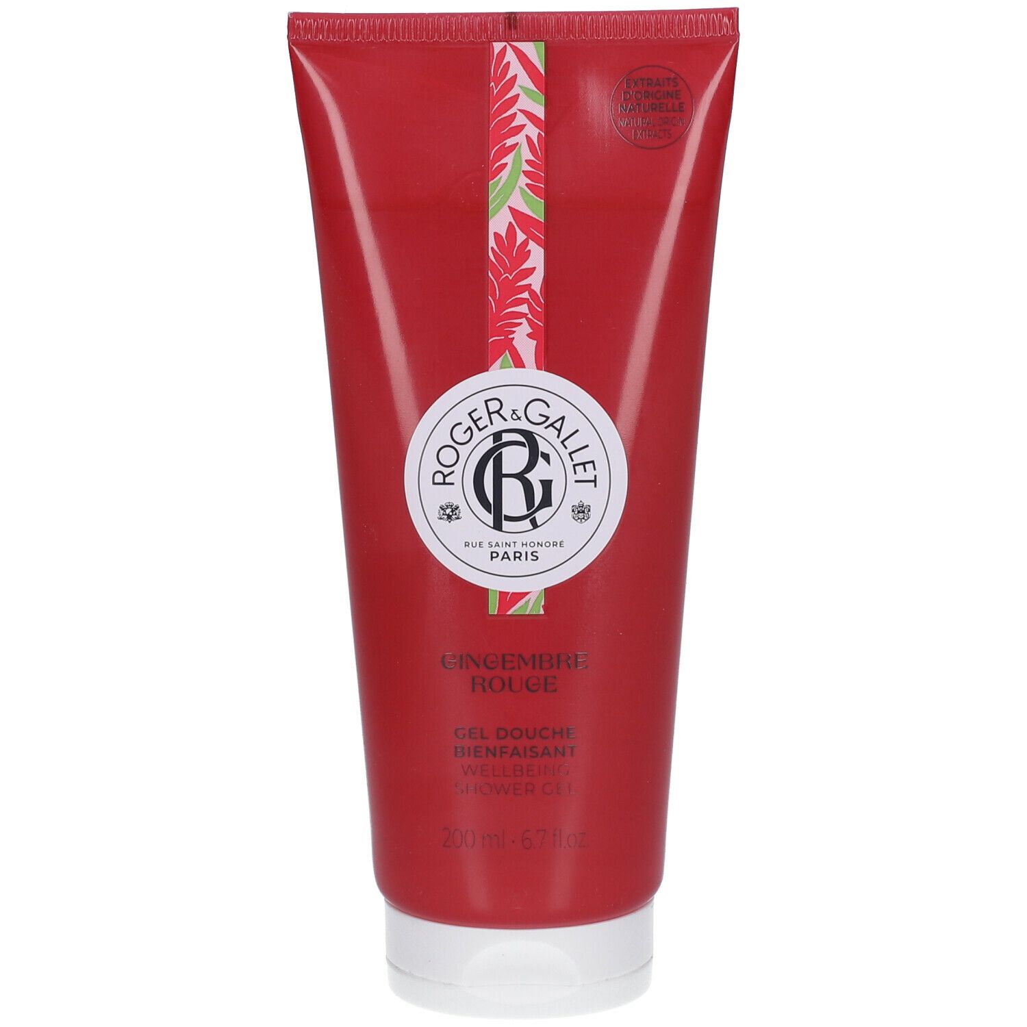 Rode tube met productlogo en bloemmotief. Tekst: Gingembre Rouge, Gel Douche. Zegel.