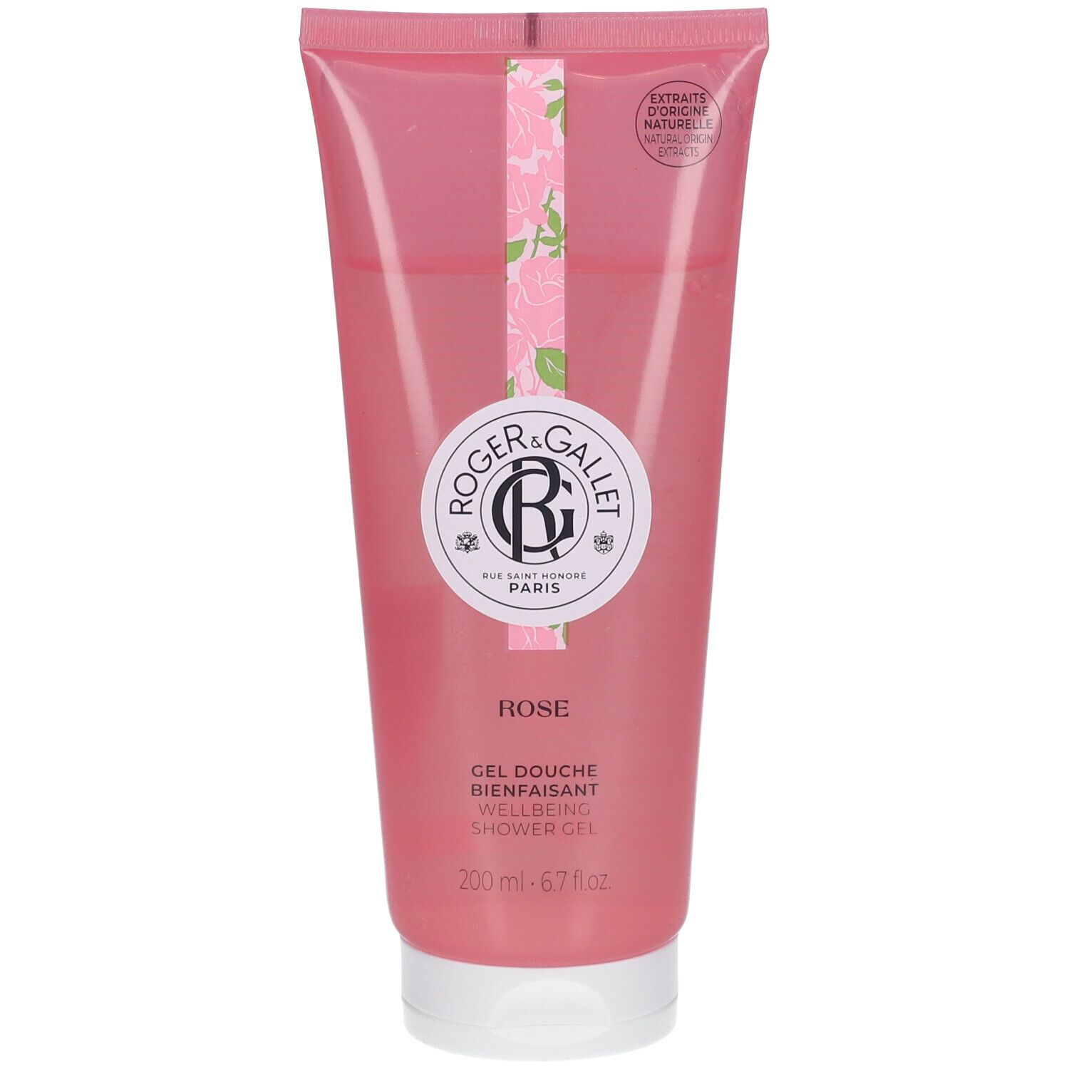 Roze douchegel tube. Logo Roger & Gallet. Tekst: Rose, Gel Douche Bienfaisant, Wellbeing Shower Gel. 200 ml.