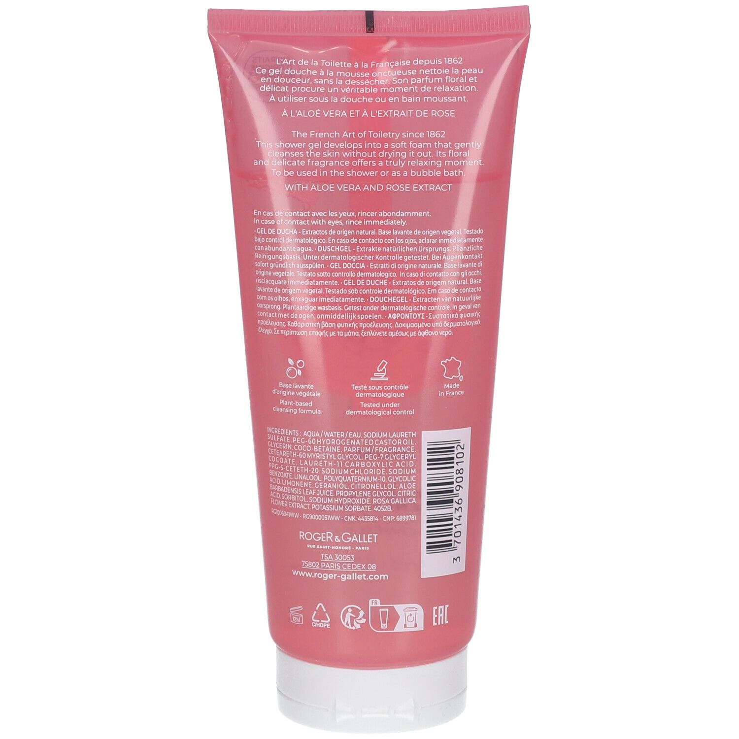 Achterkant van de roze douchegel tube. Tekst: Aloë Vera & Rozenextract. Ingrediënten. Logo Roger & Gallet. Gemaakt in Frankrijk.