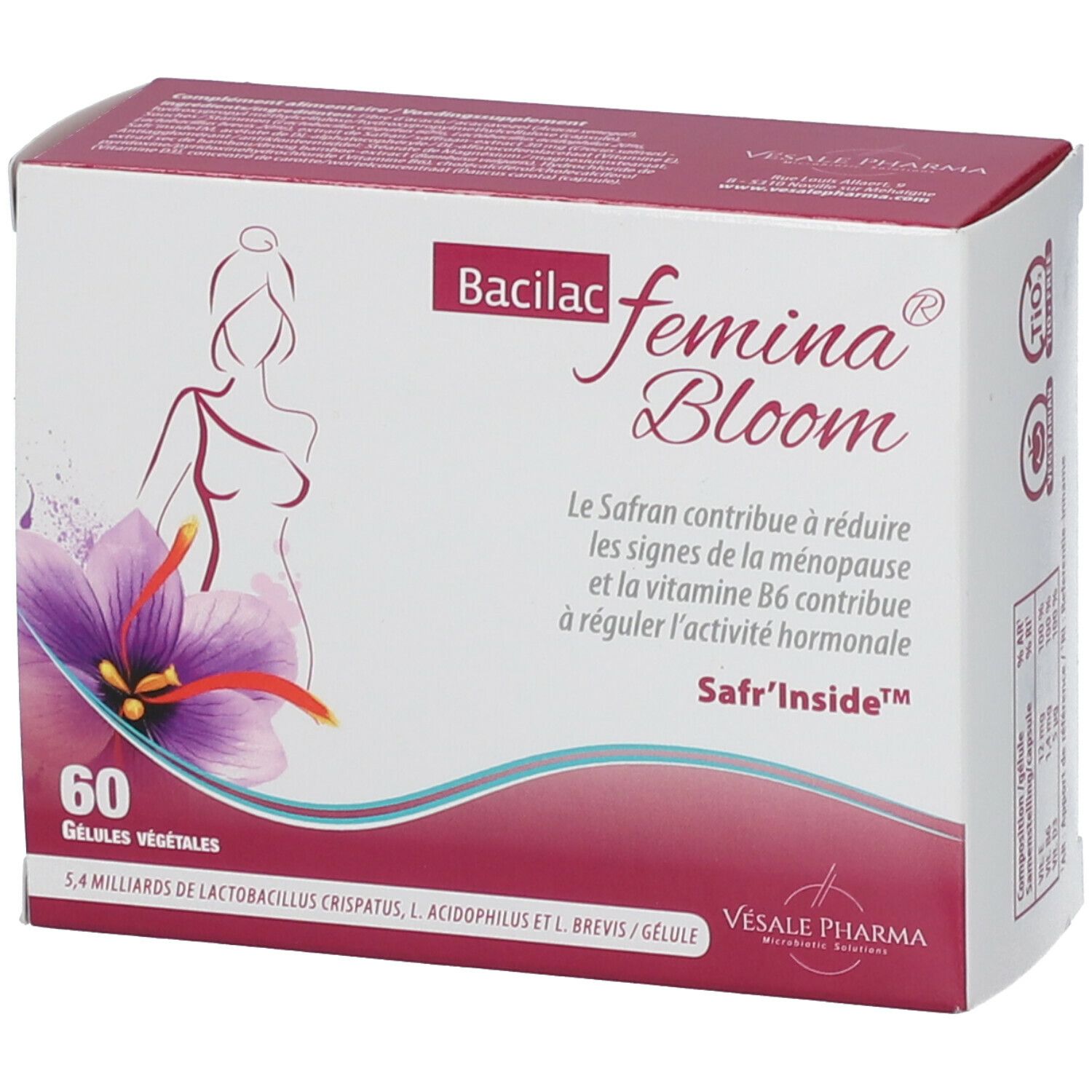 Boîte de Bacilac femina Bloom. Contient 60 gélules. Inscription Safr'Inside. Illustration d'une femme et d'une fleur.