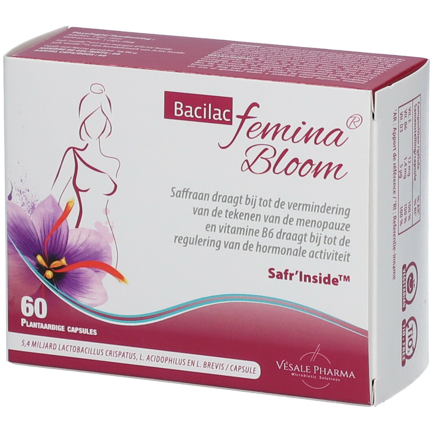 Boîte de Bacilac femina Bloom. Contient 60 gélules. Inscription Safr'Inside. Illustration d'une femme et d'une fleur.