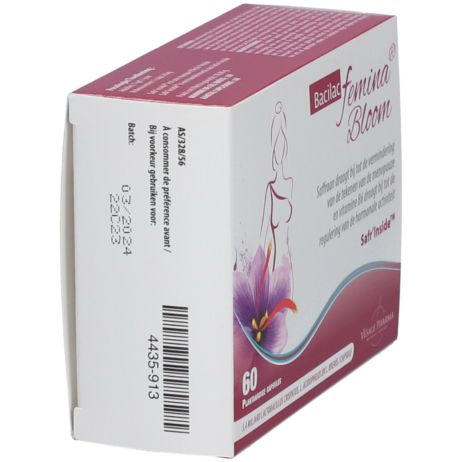 Vue oblique de la boîte de Bacilac femina Bloom. Contient 60 gélules. Inscription Safr'Inside. Code-barres et date de péremption.