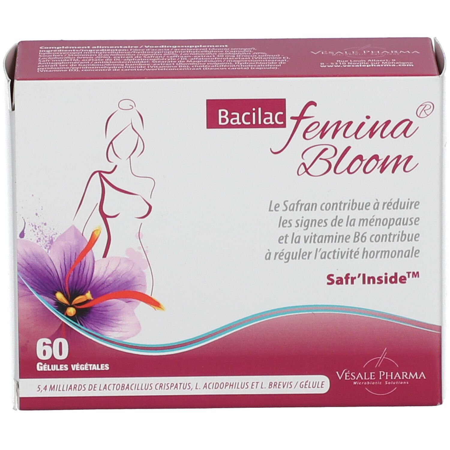 Boîte de Bacilac femina Bloom. Contient 60 gélules. Inscription Safr'Inside. Illustration d'une femme et d'une fleur.