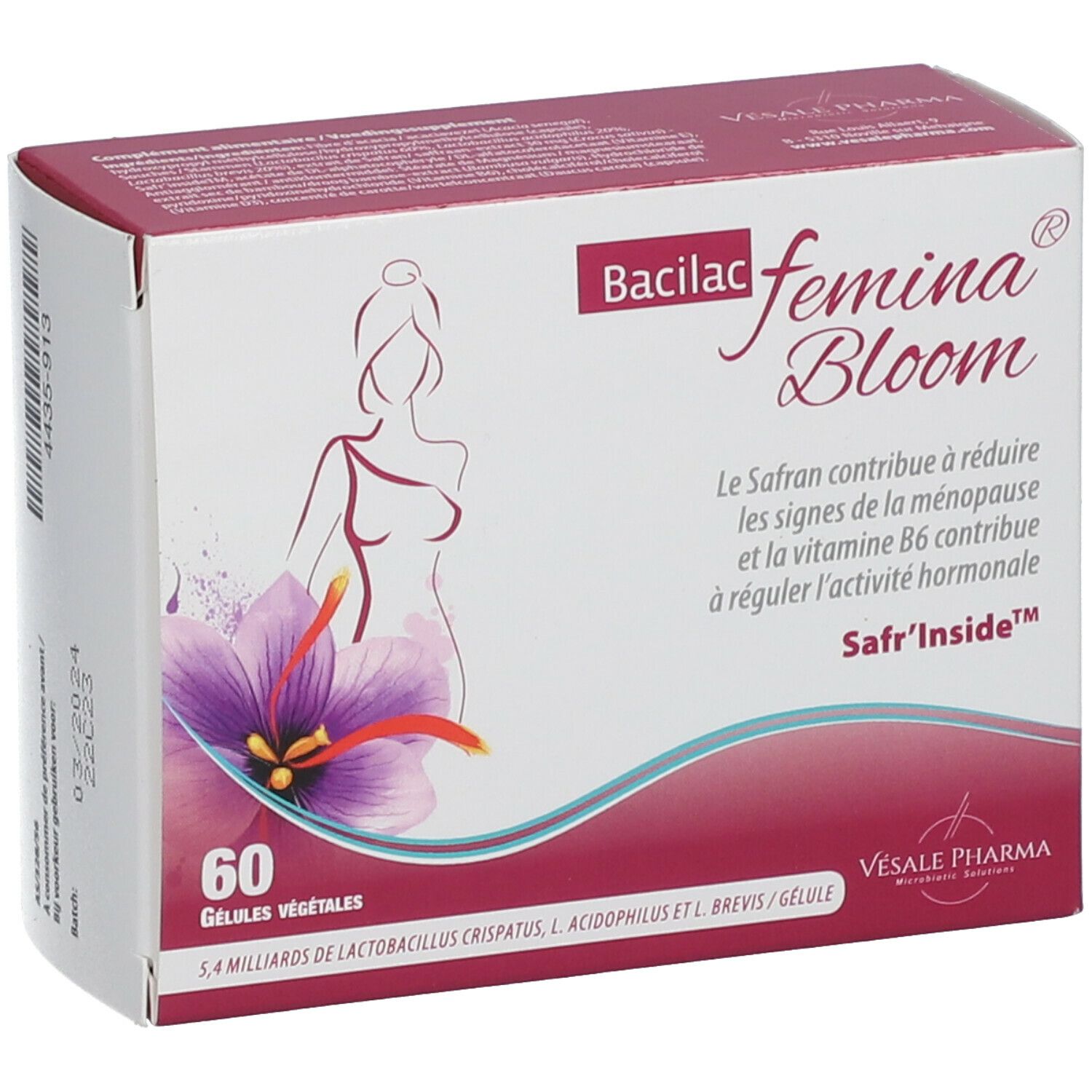 Boîte de Bacilac femina Bloom. Contient 60 gélules. Inscription Safr'Inside. Illustration d'une femme et d'une fleur.