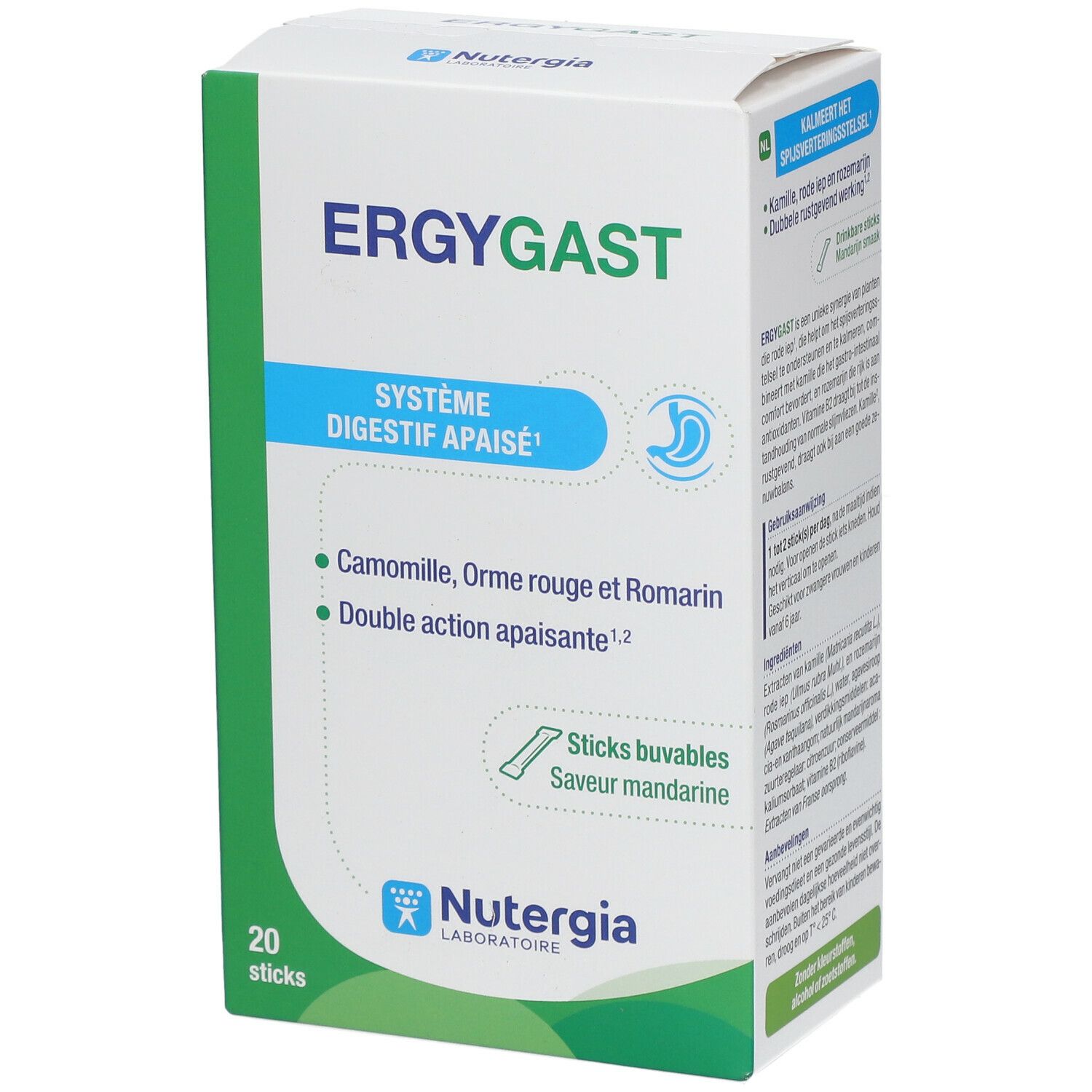 Boîte ERGYGAST. Accents bleus et verts. Contient 20 sticks. Ingrédients : Camomille, Orme, Romarin. Marque : Nutergia.