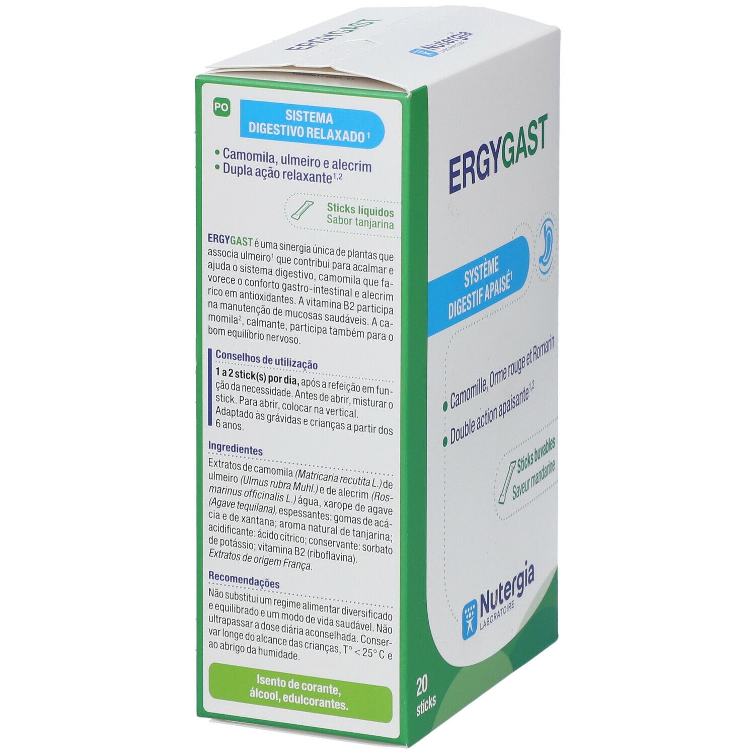 Dos de la boîte ERGYGAST. Contient des informations sur les ingrédients et l'utilisation. 20 sticks. Marque : Nutergia.
