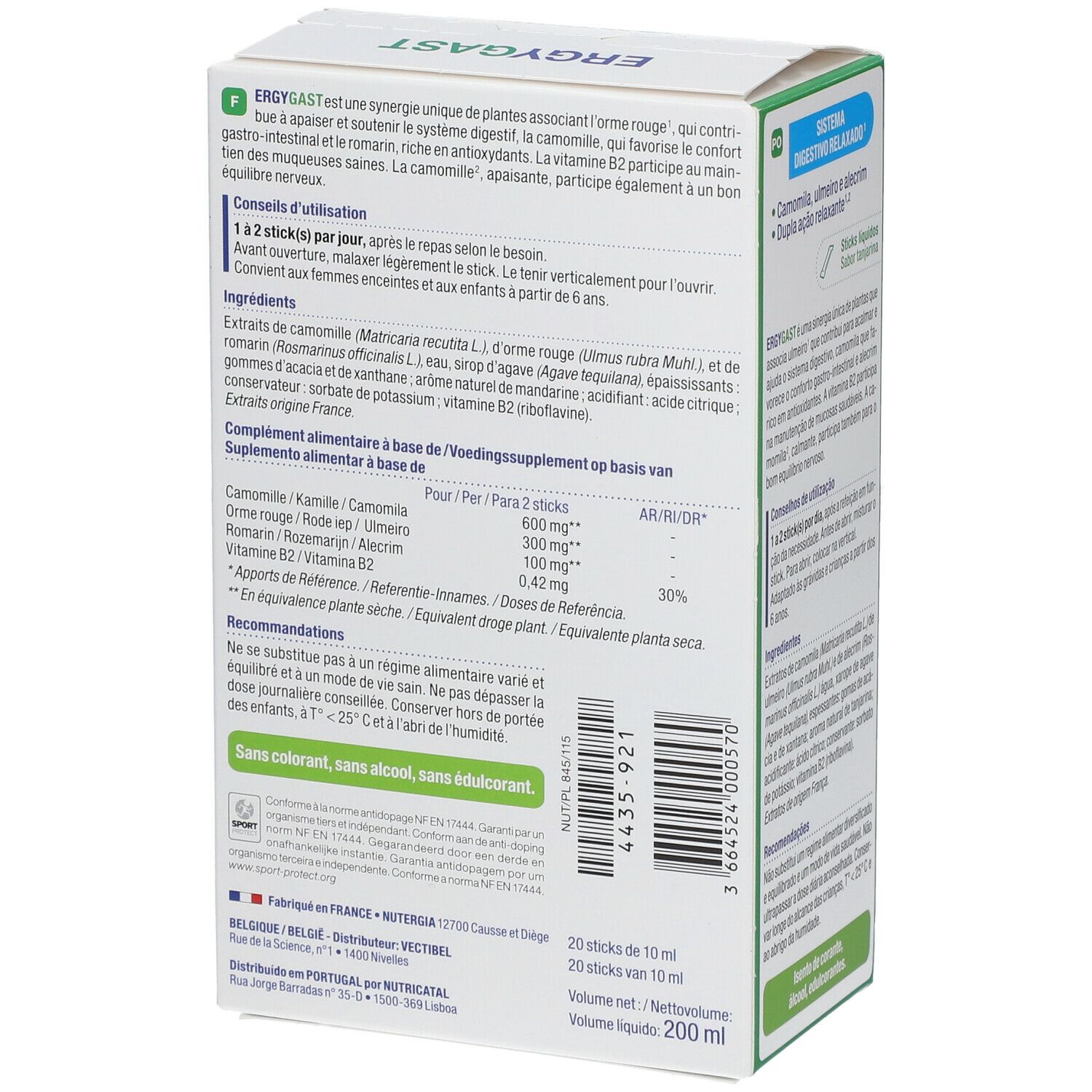 Côté de la boîte ERGYGAST avec informations sur les ingrédients et tableau nutritionnel. 20 sticks. Marque : Nutergia.