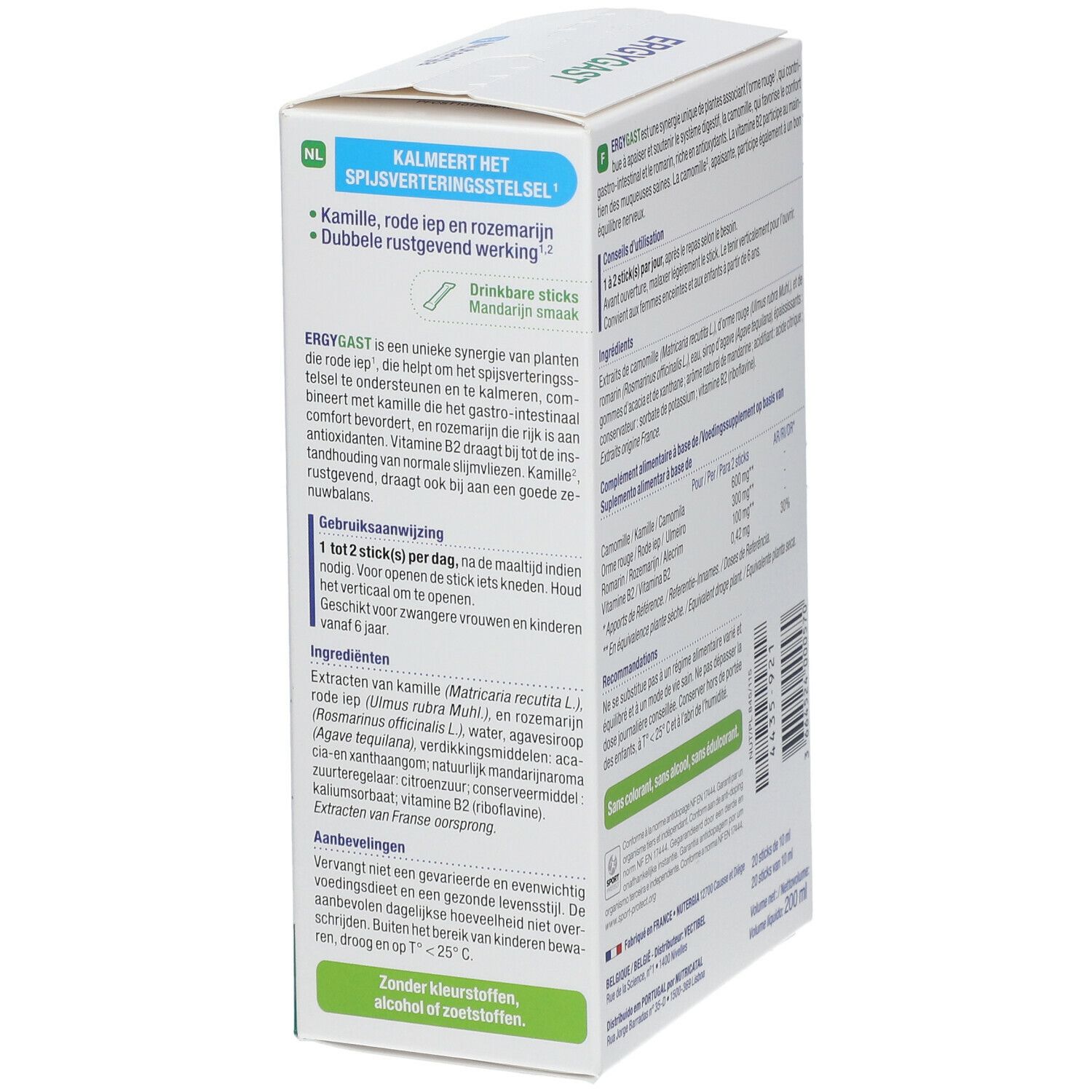Côté de la boîte ERGYGAST avec informations sur les ingrédients et tableau nutritionnel. 20 sticks. Marque : Nutergia.